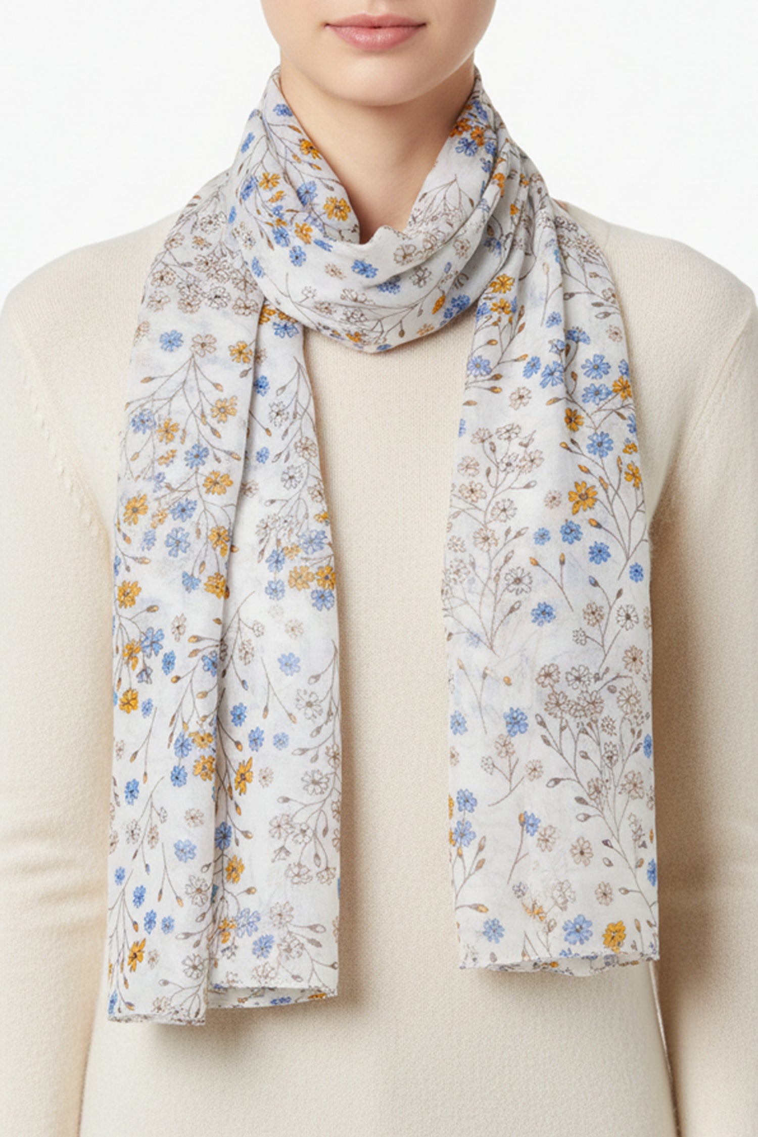 Lightweight ivory long scarf with soft seasonal floral detail – Common Knit