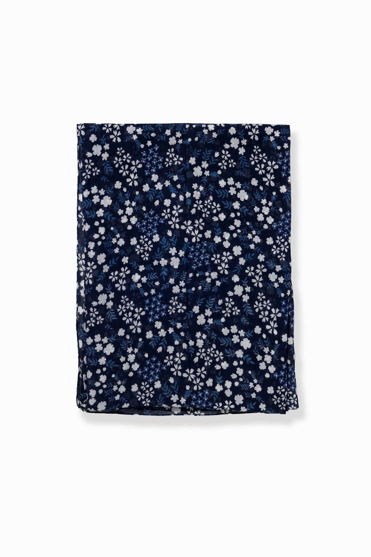 Lightweight indigo blue long scarf with white and blue tones of sakura floral detail – Common Knit