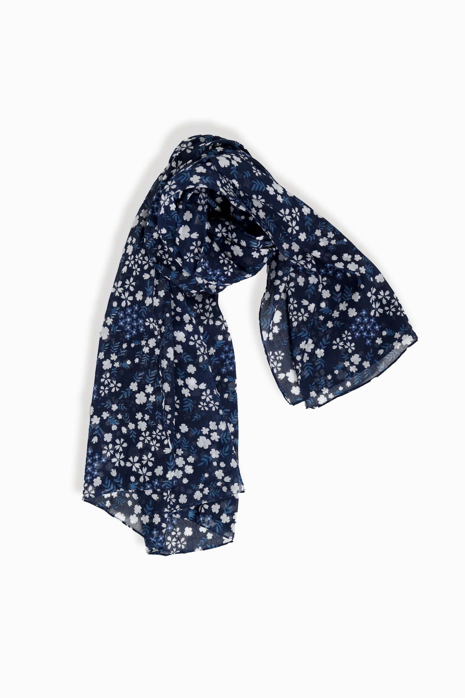 Lightweight indigo blue long scarf with white and blue tones of sakura floral detail – Common Knit