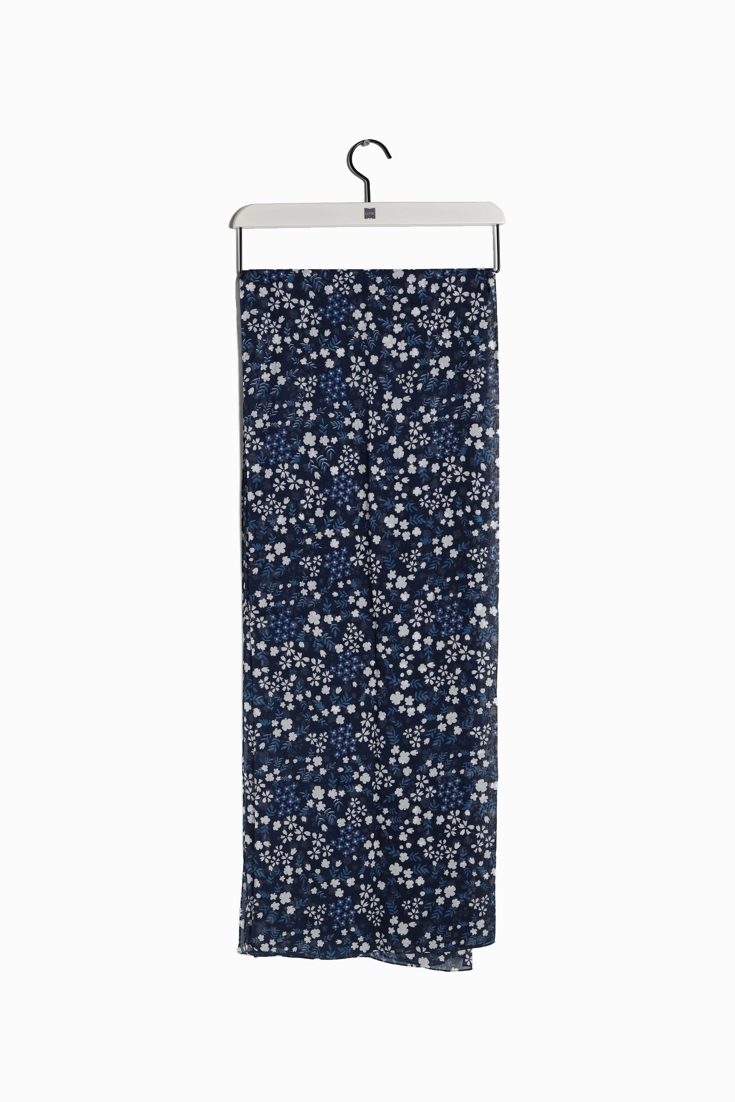 Lightweight indigo blue long scarf with white and blue tones of sakura floral detail – Common Knit