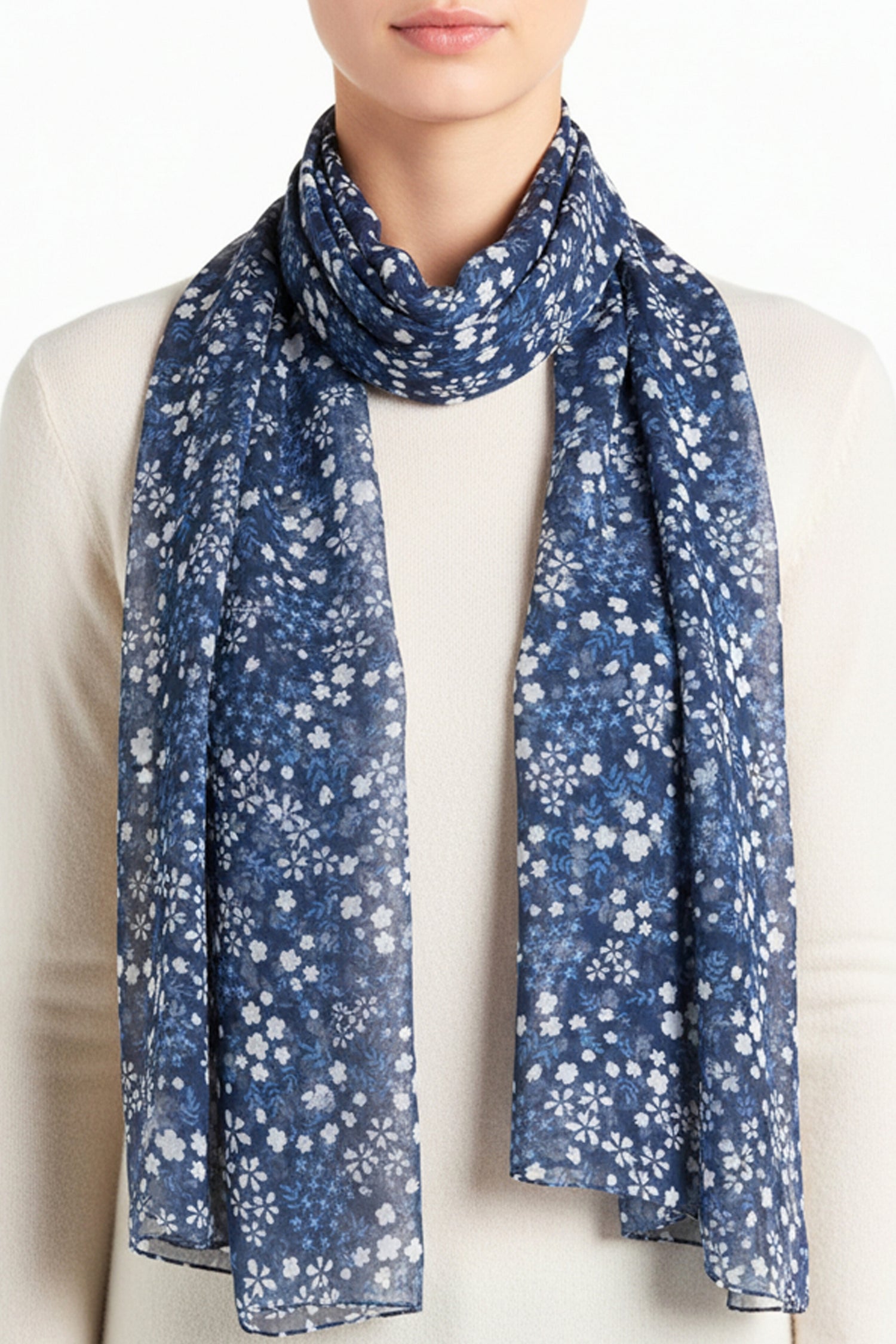 Lightweight indigo blue long scarf with white and blue tones of sakura floral detail – Common Knit