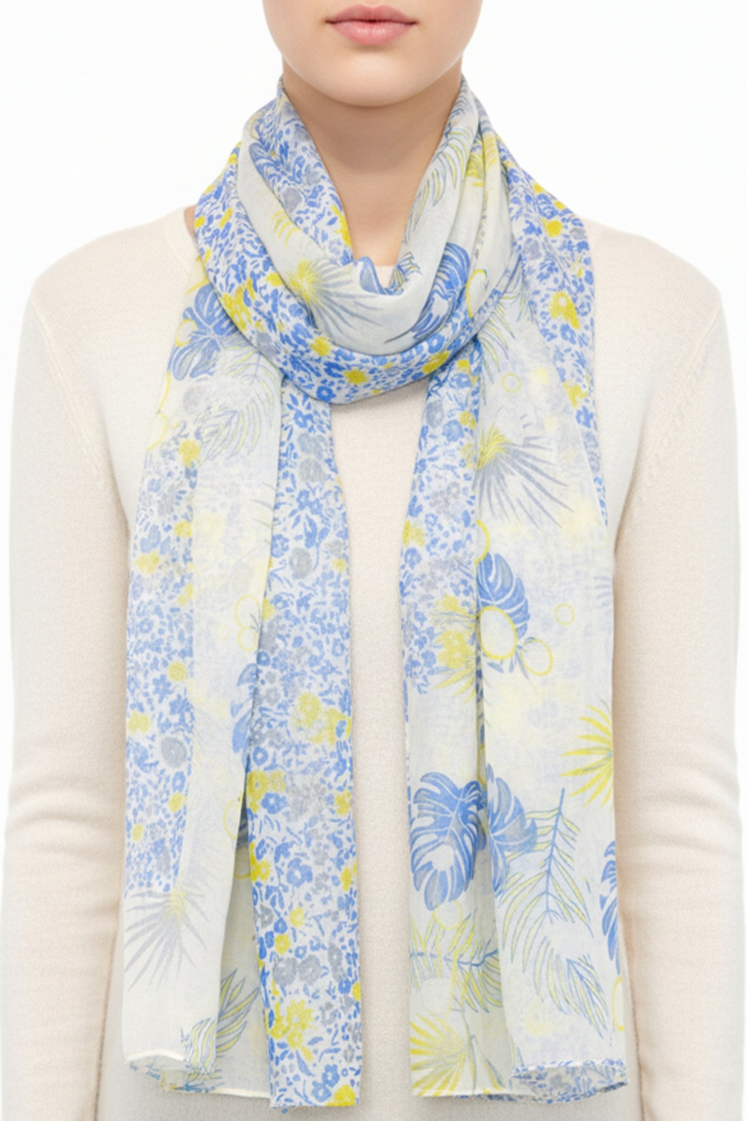 Reversible floral long scarf with contrasting blue and yellow prints – Common Knit