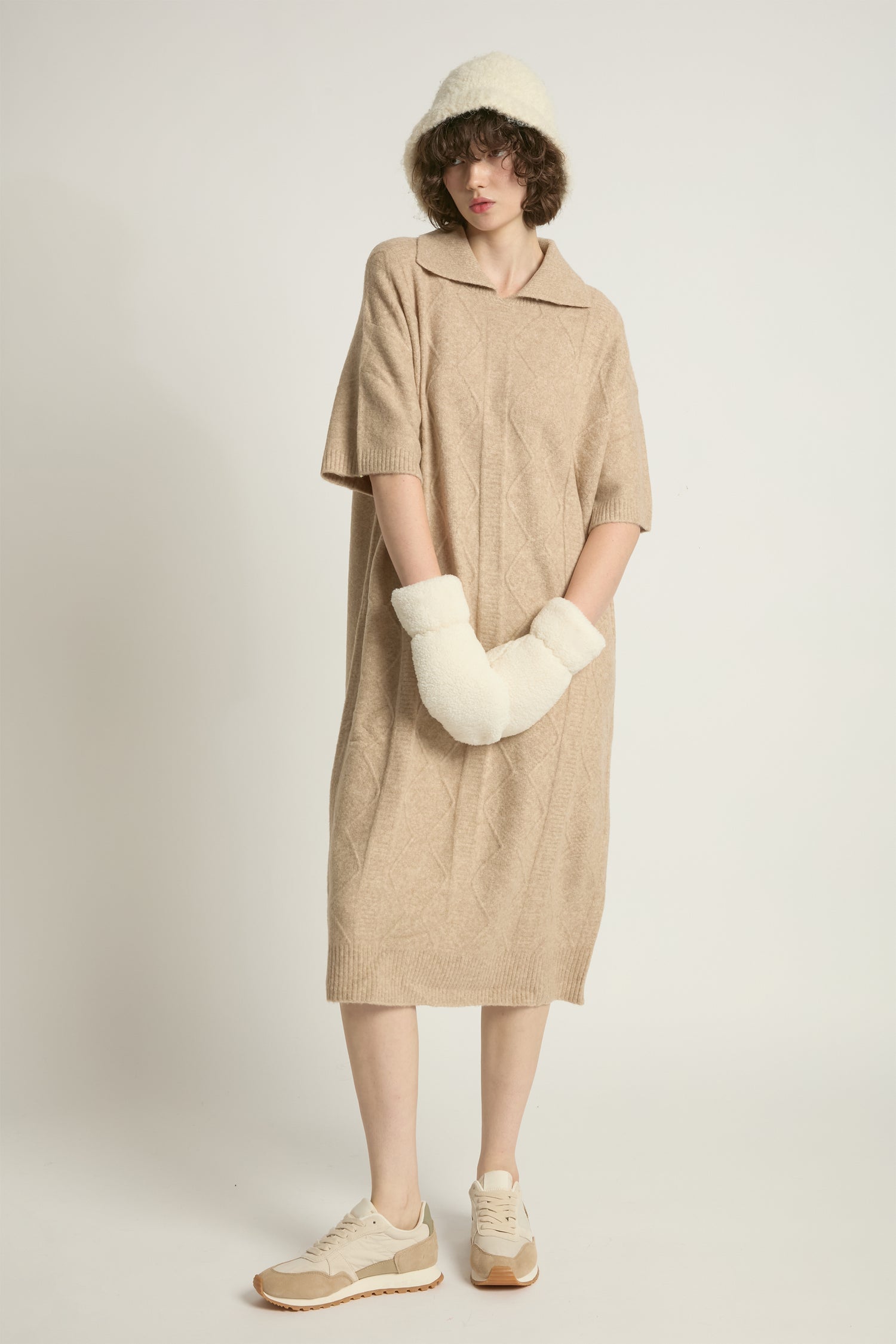 Cable Knit Collared Short Sleeves Dress