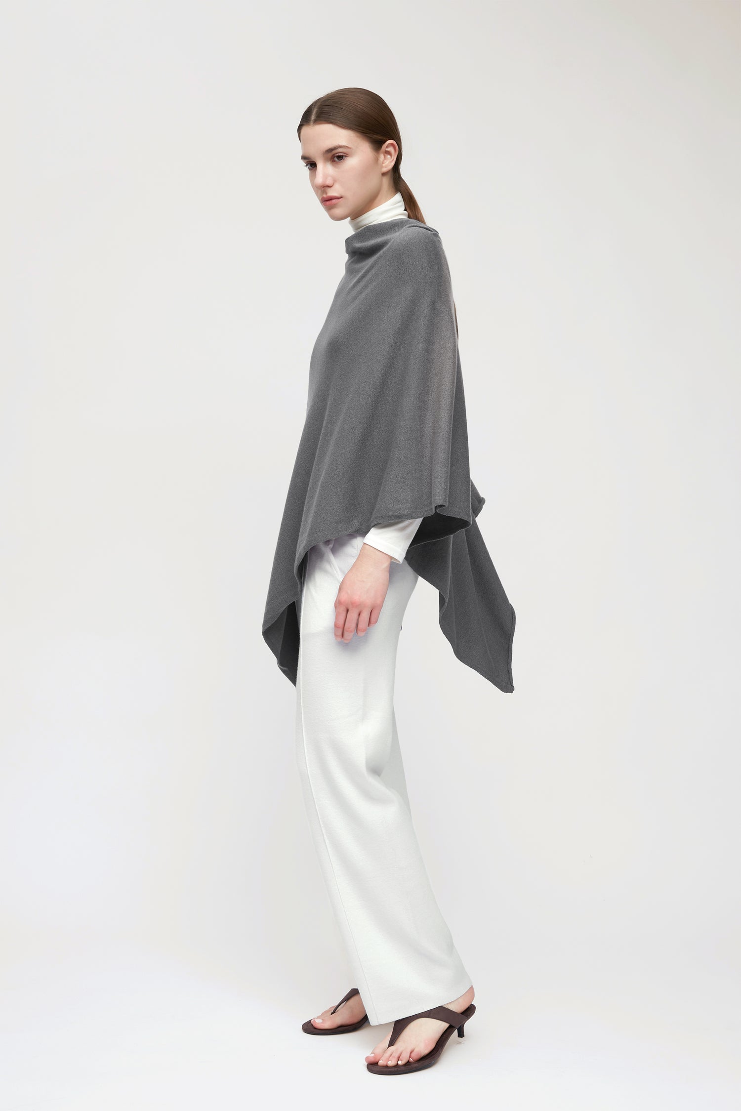 Charcoal lightweight triangle poncho with fluid drape for effortless year-round layering – Common Knit