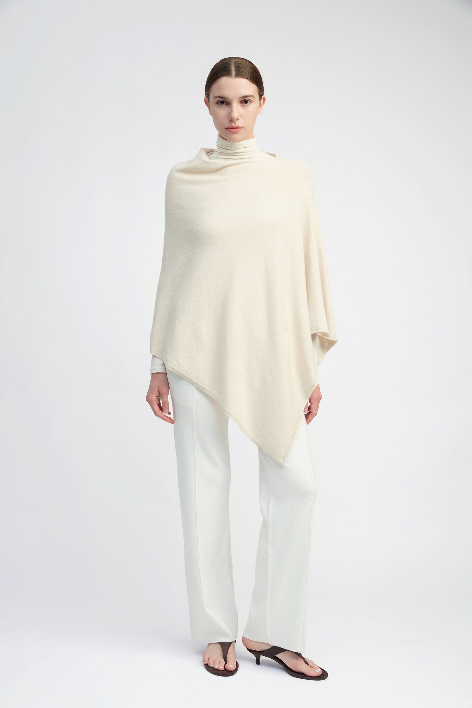 Ivory lightweight triangle poncho with fluid drape for effortless year-round layering – Common Knit