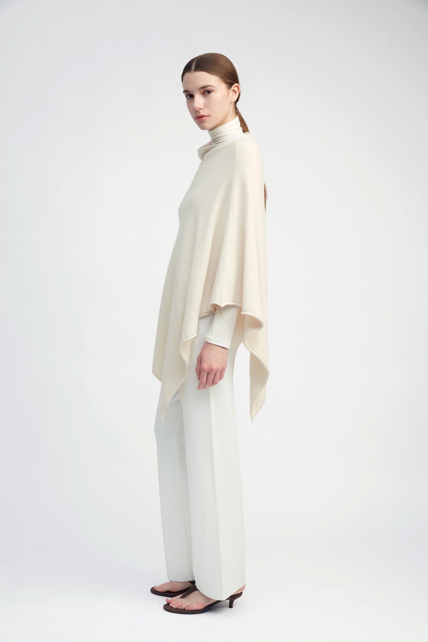 Ivory lightweight triangle poncho with fluid drape for effortless year-round layering – Common Knit