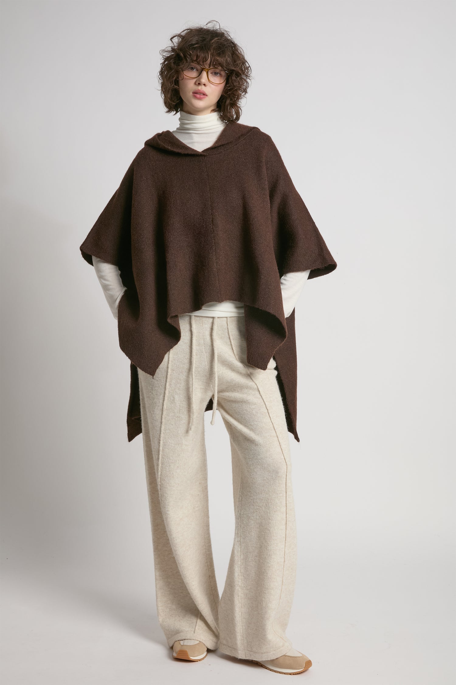Mocha hooded pullover poncho with asymmetrical hem and relaxed fit – Common Knit