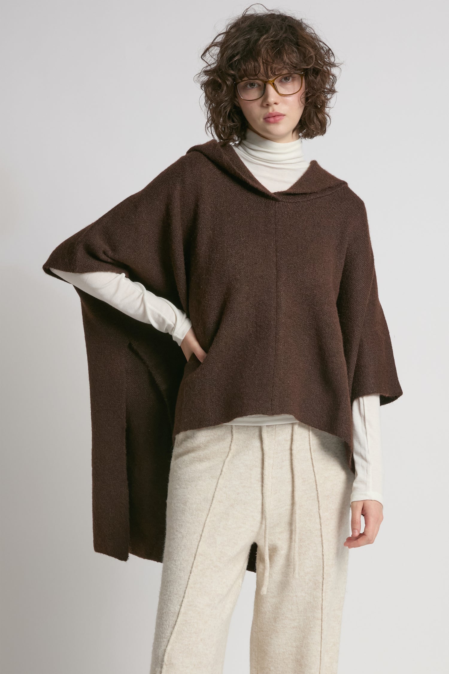 Mocha hooded pullover poncho with asymmetrical hem and relaxed fit – Common Knit
