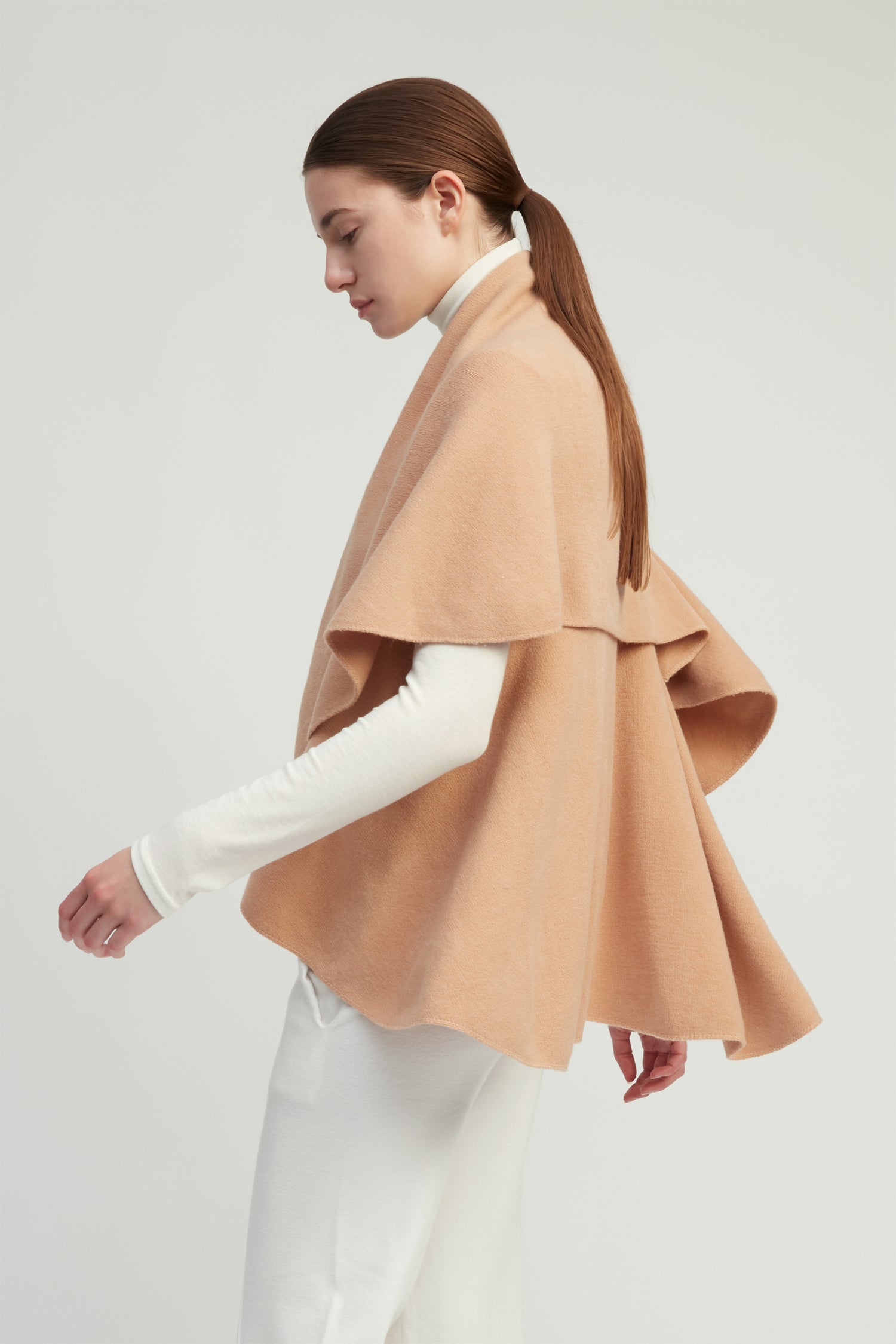 Camel multi-way shawl vest with lightweight drape for versatile everyday layering – Common Knit