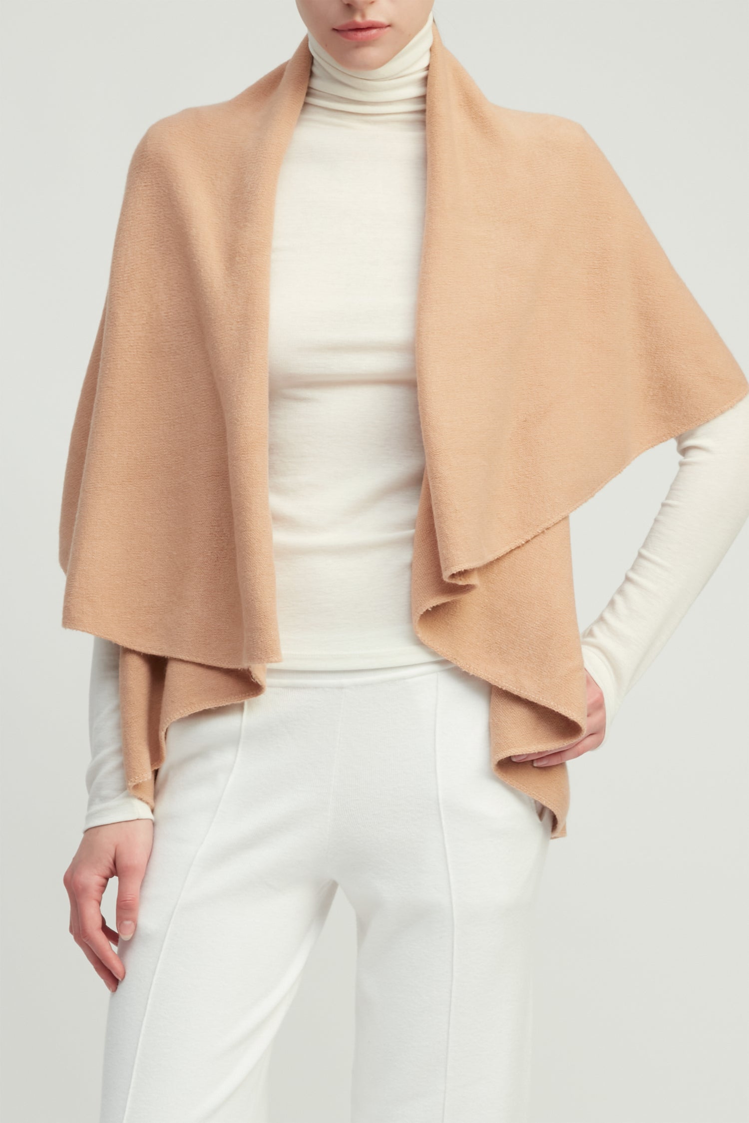 Camel multi-way shawl vest with lightweight drape for versatile everyday layering – Common Knit