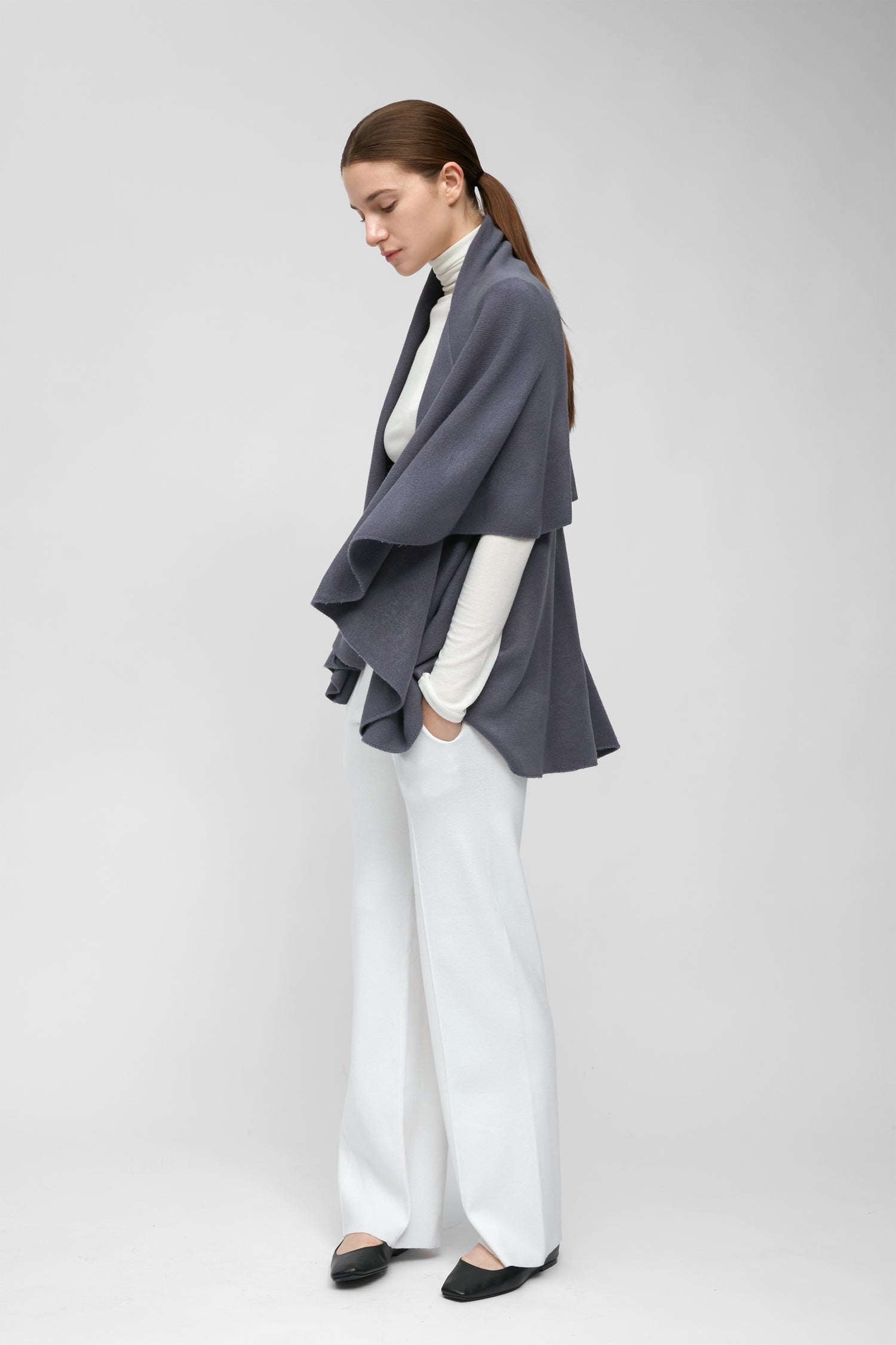 Denim multi-way shawl vest with lightweight drape for versatile everyday layering – Common Knit