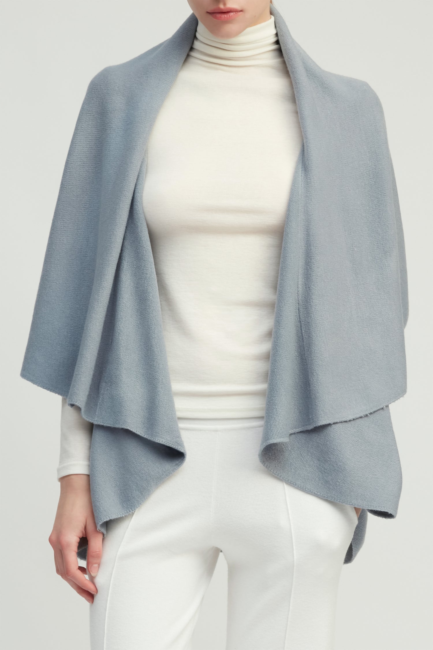 Dusky blue multi-way shawl vest with lightweight drape for versatile everyday layering – Common Knit