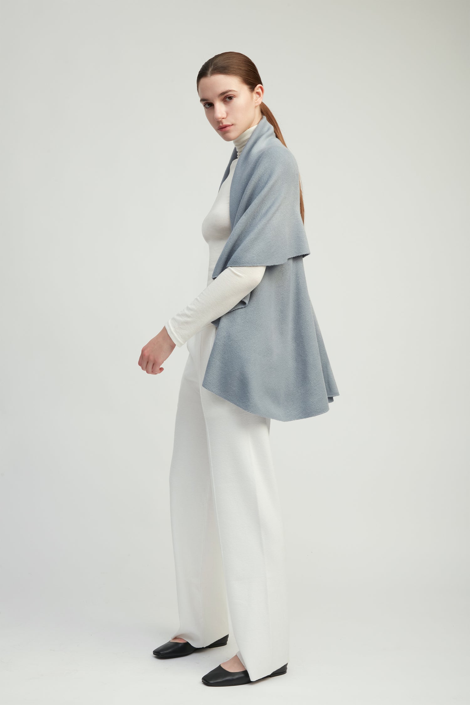 Dusky blue multi-way shawl vest with lightweight drape for versatile everyday layering – Common Knit