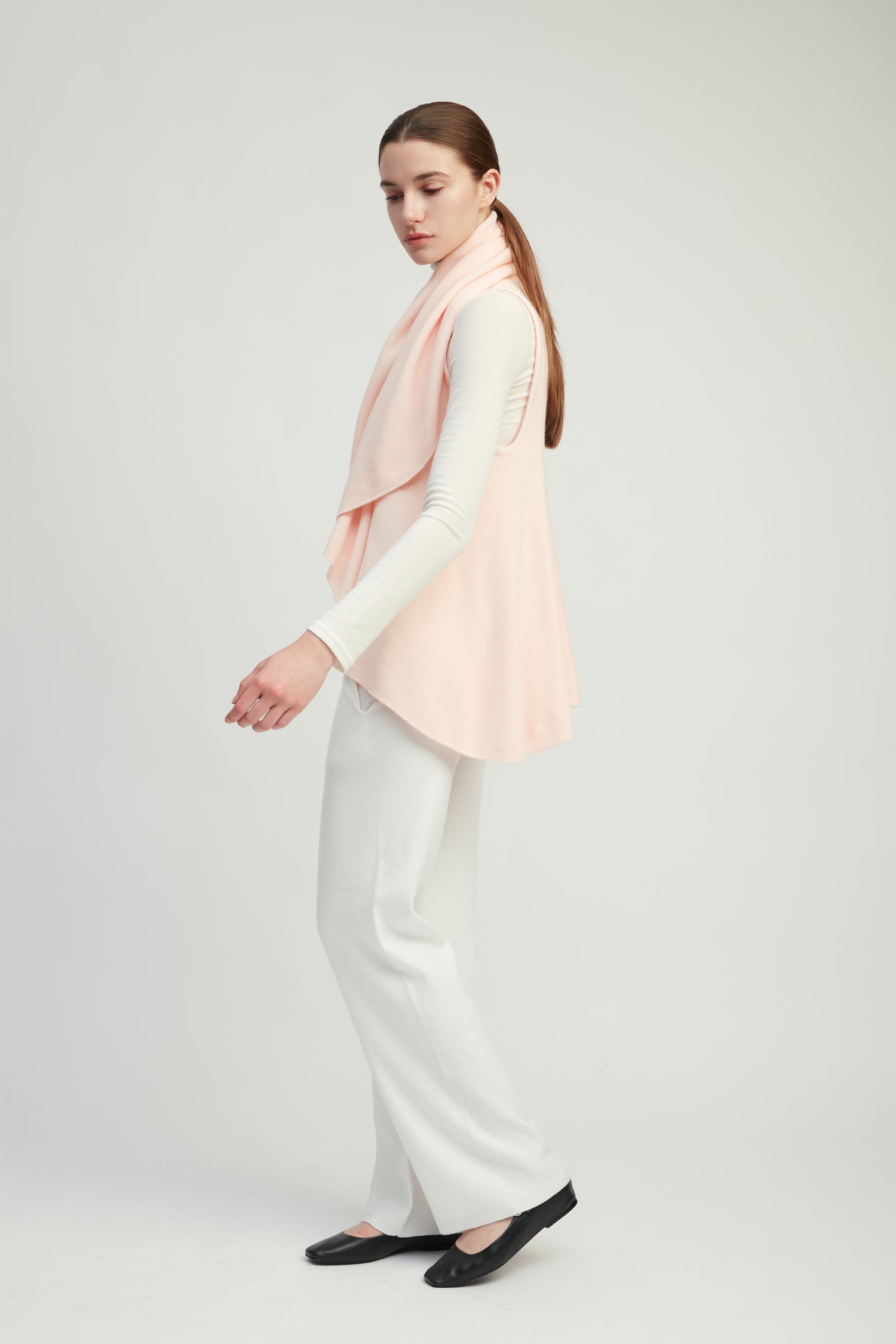 Powder pink multi-way shawl vest with lightweight drape for versatile everyday layering – Common Knit
