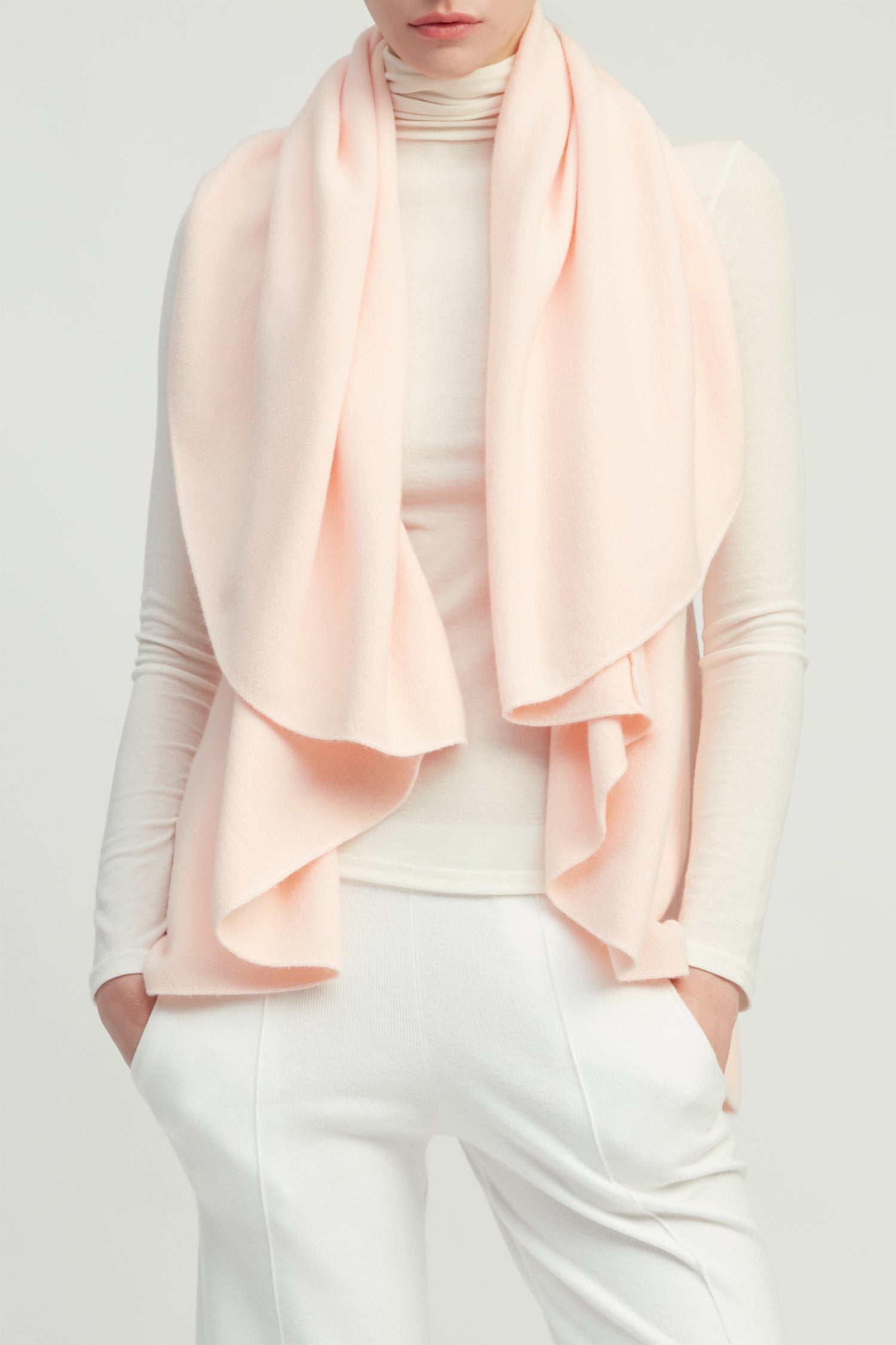 Powder pink multi-way shawl vest with lightweight drape for versatile everyday layering – Common Knit