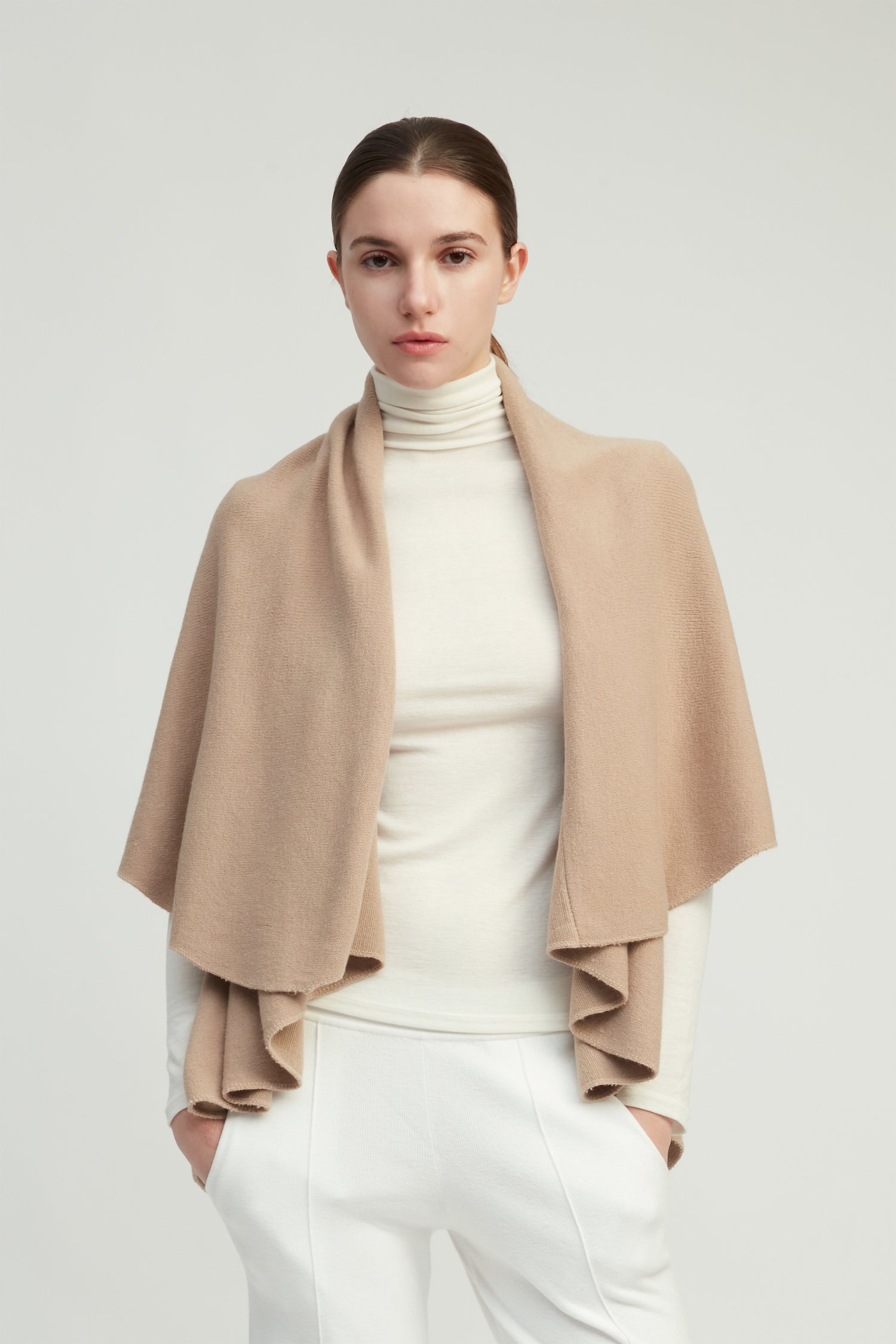 Tan multi-way shawl vest with lightweight drape for versatile everyday layering – Common Knit