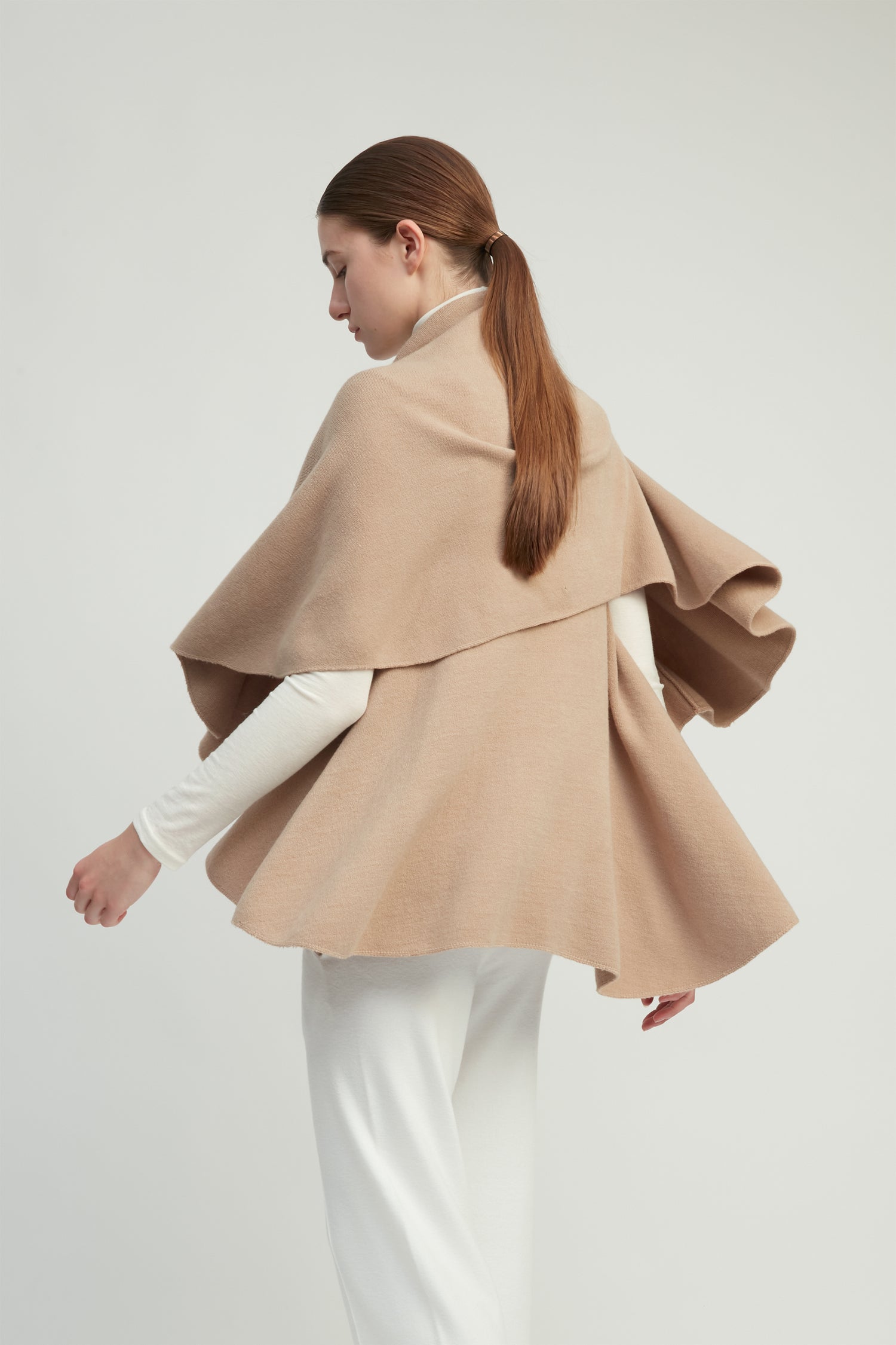 Tan multi-way shawl vest with lightweight drape for versatile everyday layering – Common Knit