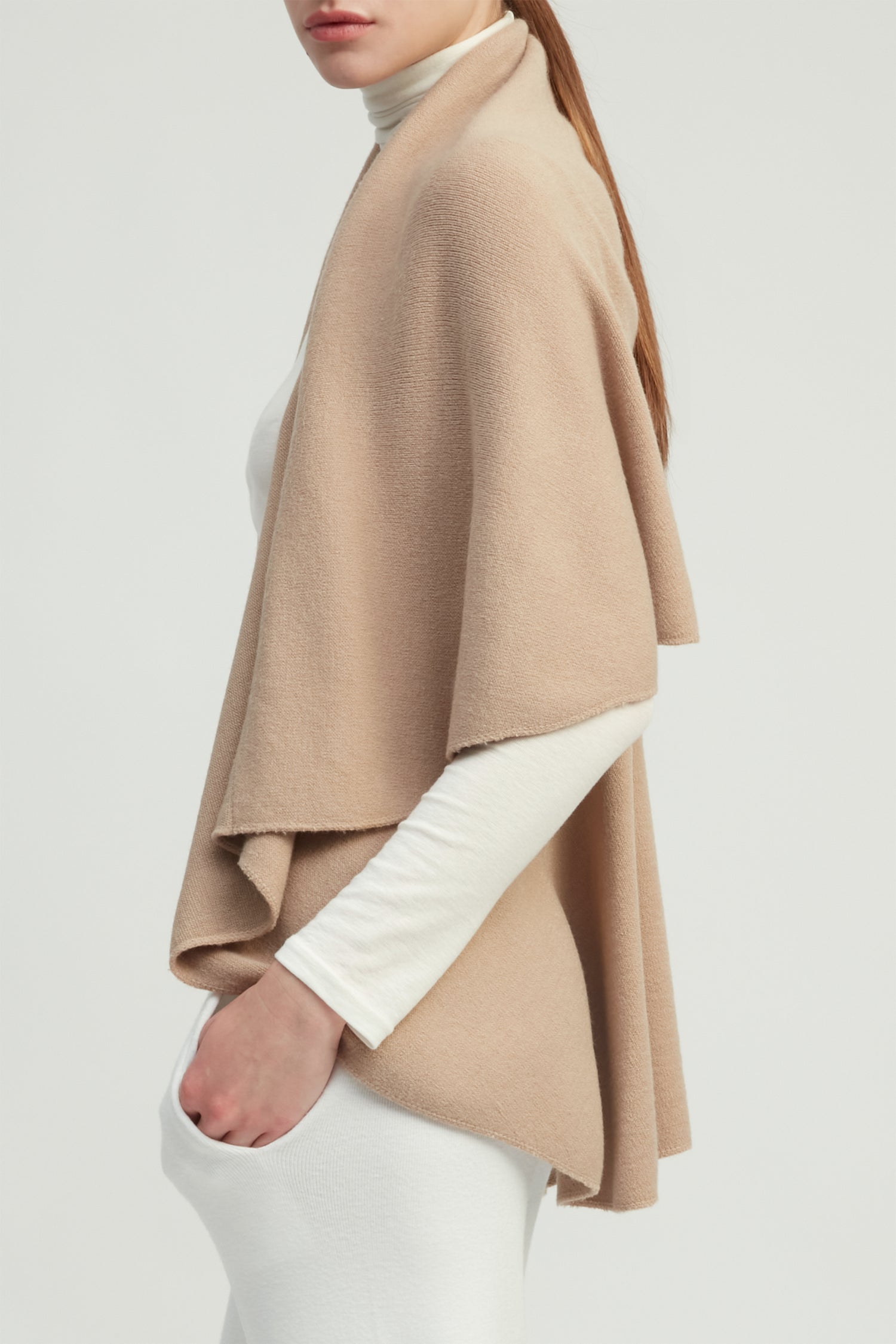 Tan multi-way shawl vest with lightweight drape for versatile everyday layering – Common Knit