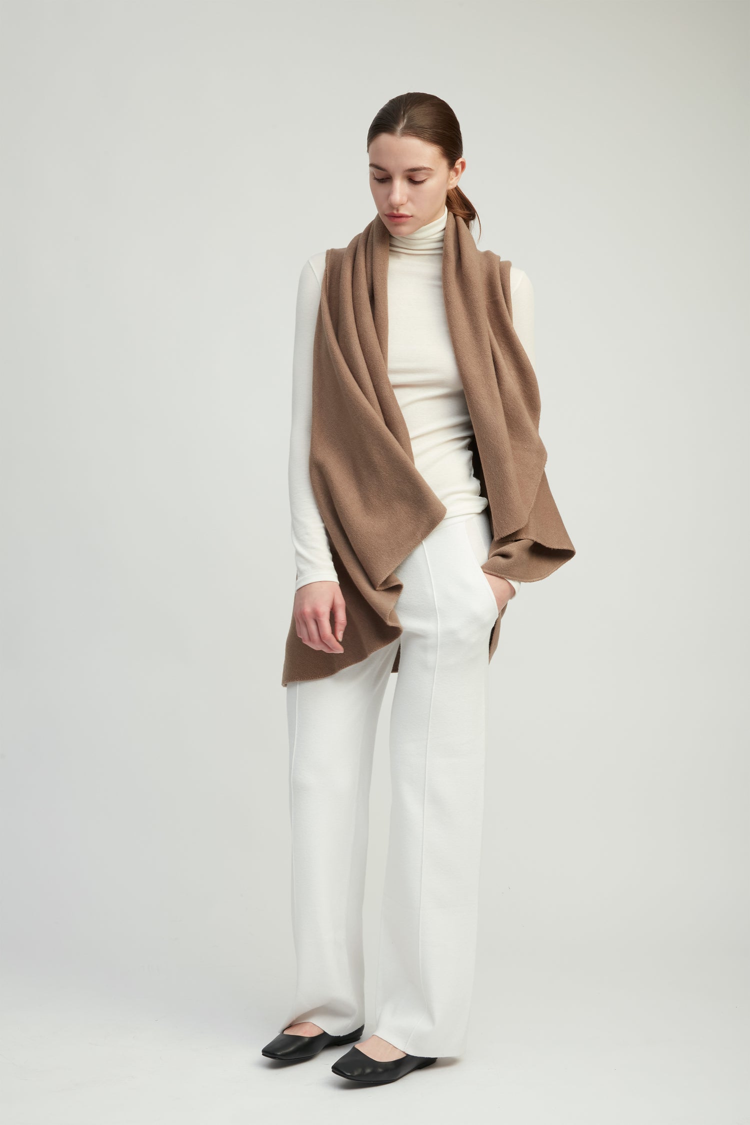 Taupe multi-way shawl vest with lightweight drape for versatile everyday layering – Common Knit