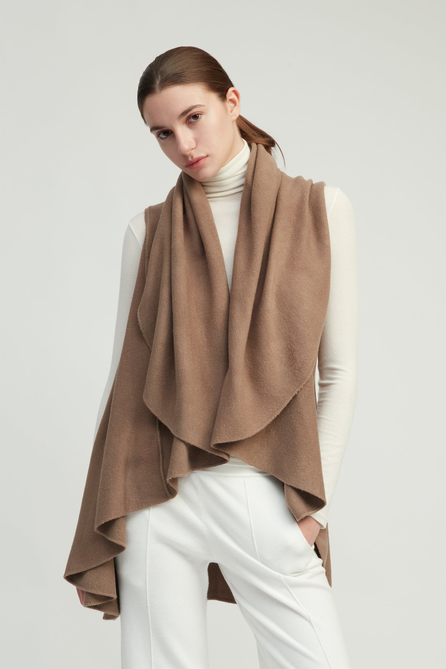 Taupe multi-way shawl vest with lightweight drape for versatile everyday layering – Common Knit