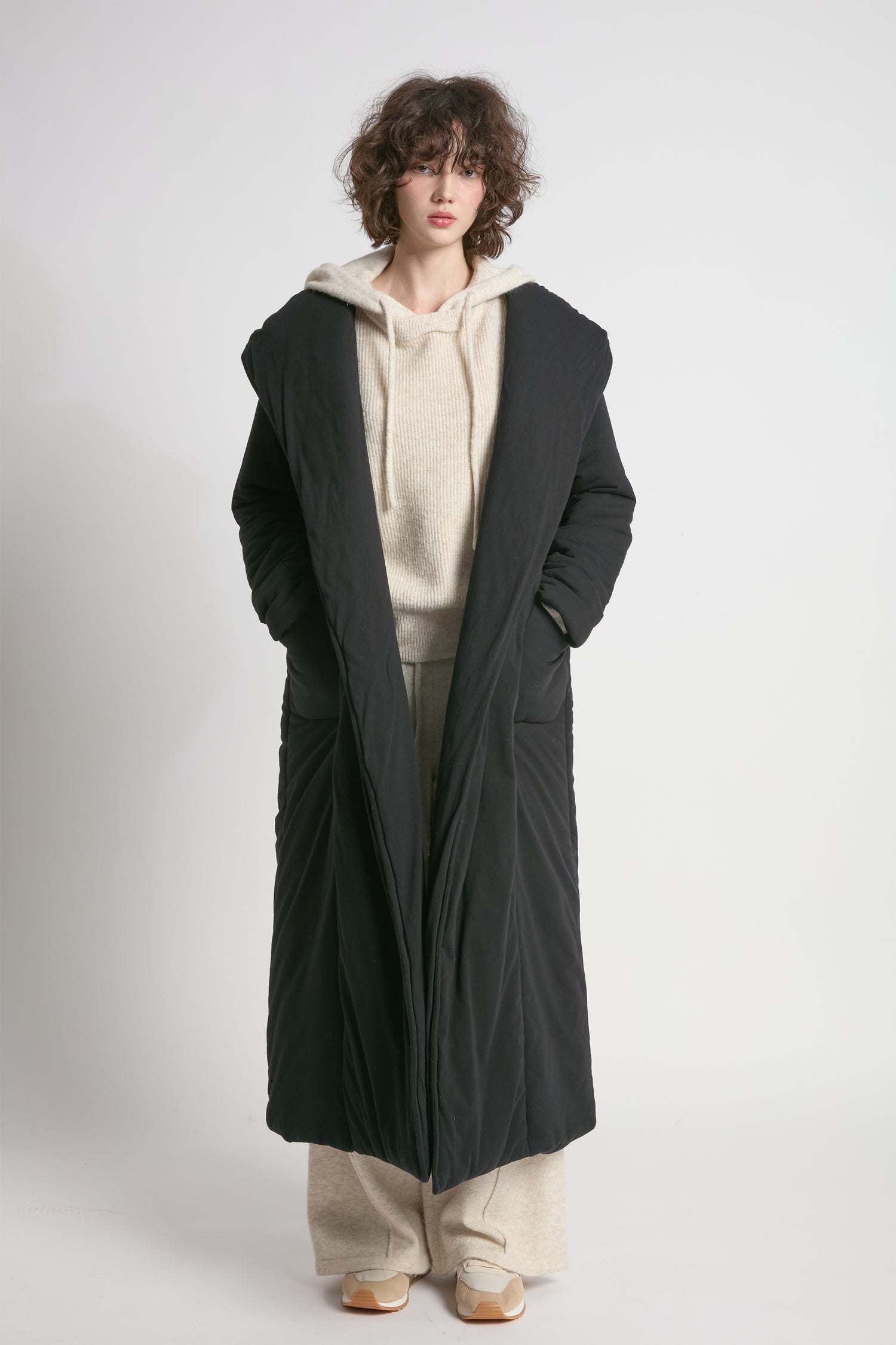 Black cotton jersey robe coat with wrap belt and padded warmth – Common Knit