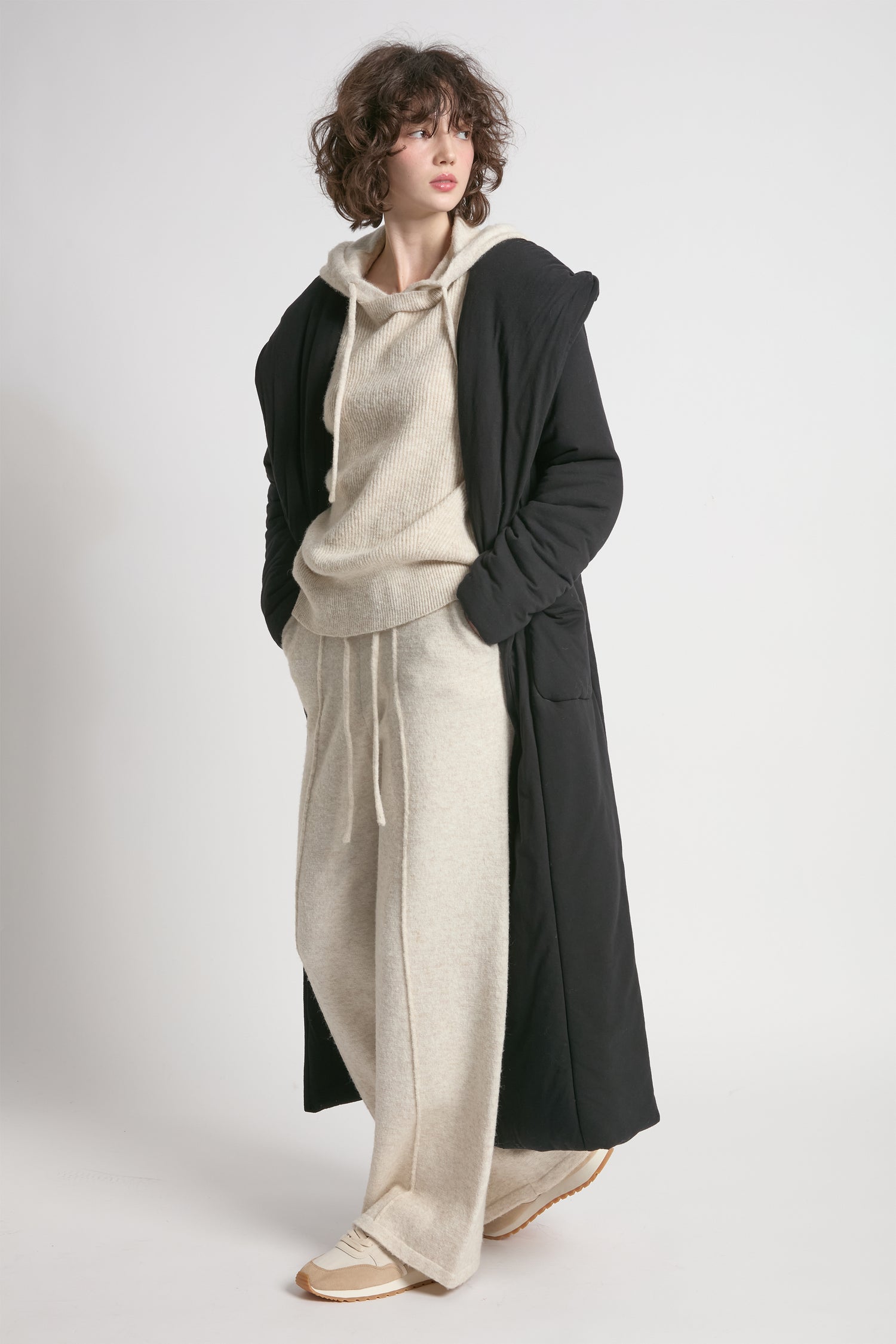 Black cotton jersey robe coat with wrap belt and padded warmth – Common Knit