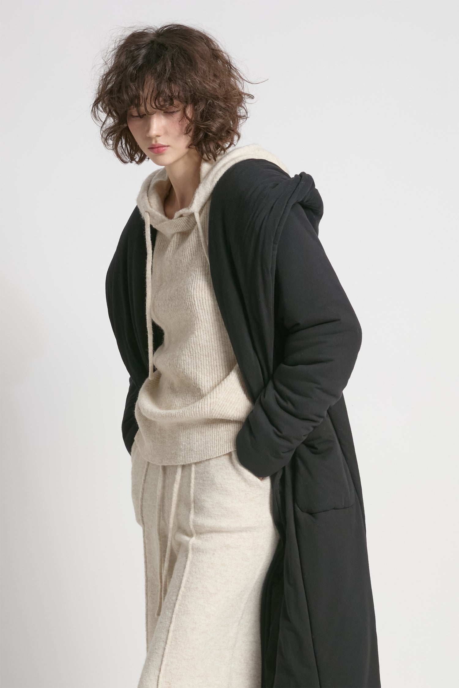 Black cotton jersey robe coat with wrap belt and padded warmth – Common Knit