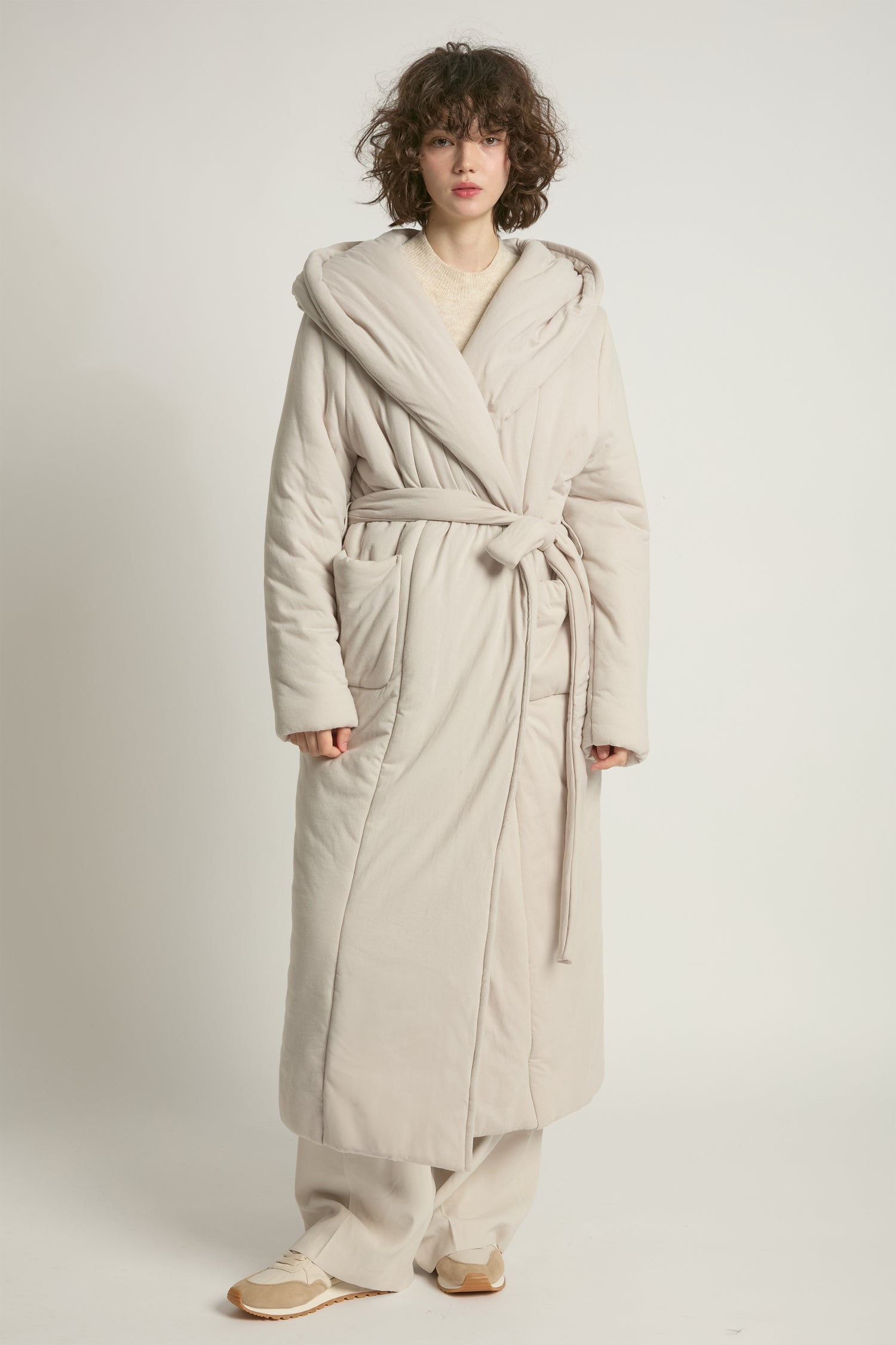 Dove cotton jersey robe coat with wrap belt and padded warmth – Common Knit