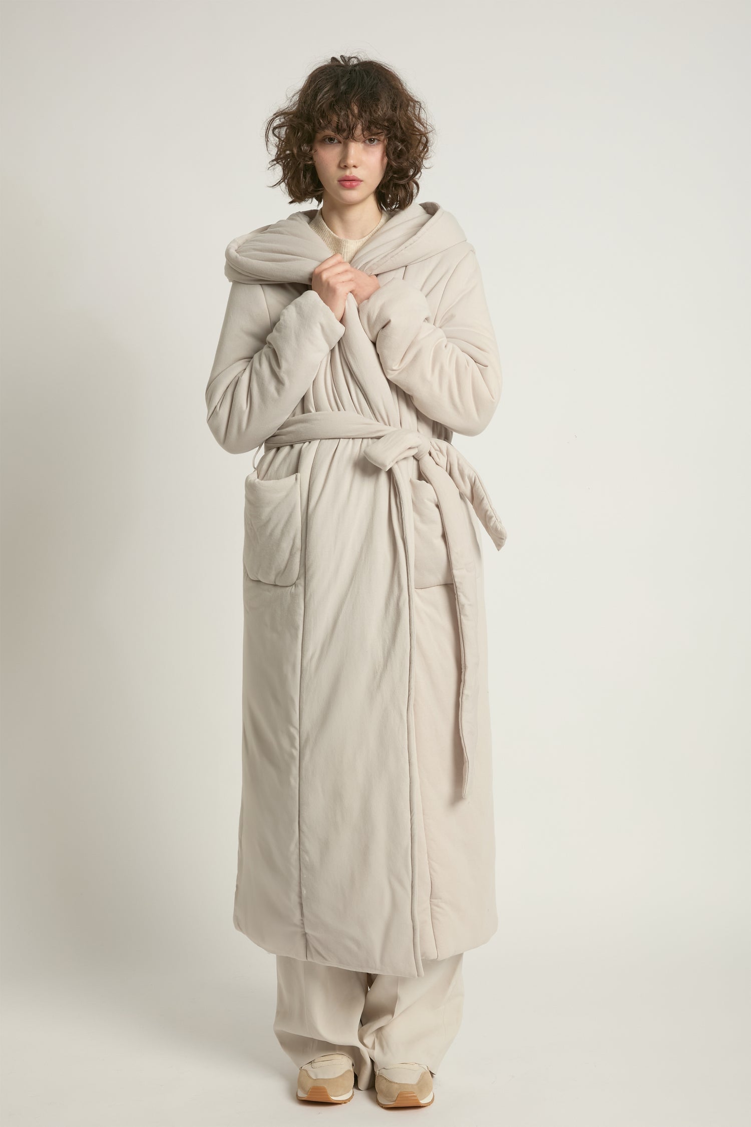 Dove cotton jersey robe coat with wrap belt and padded warmth – Common Knit