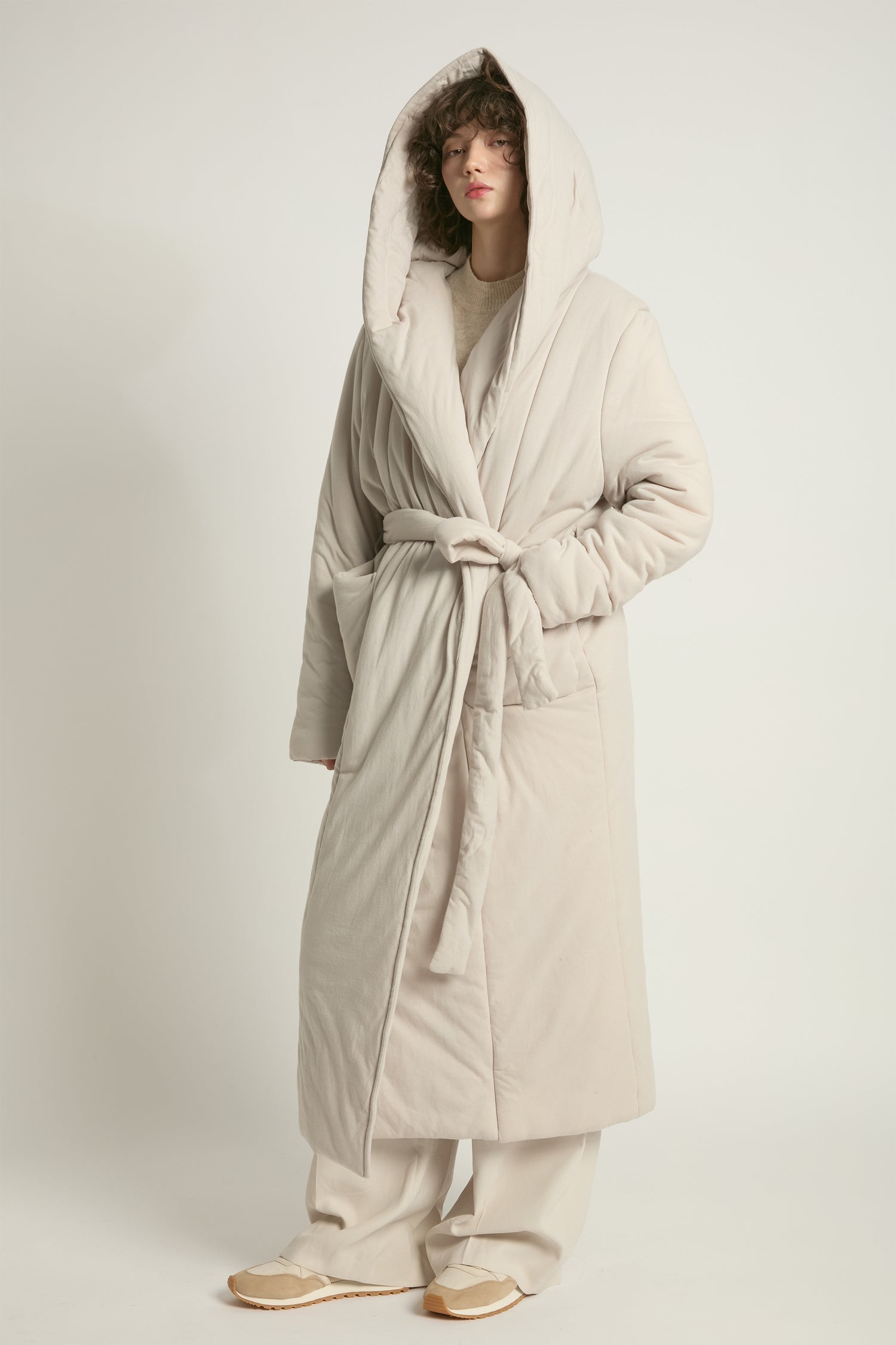 Dove cotton jersey robe coat with wrap belt and padded warmth – Common Knit