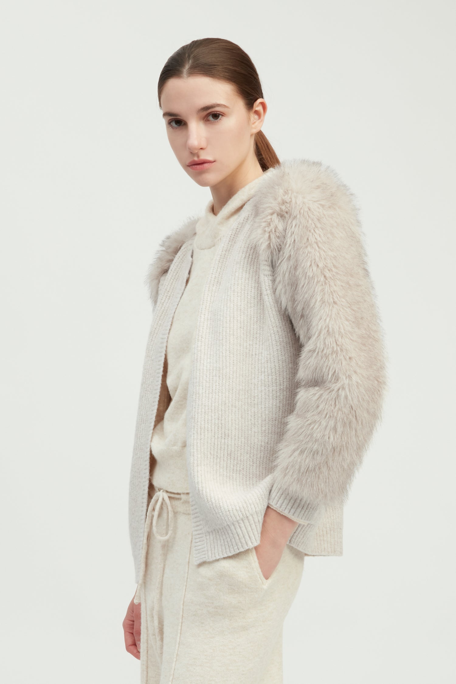 Fur Sleeves Waffle Cardigan