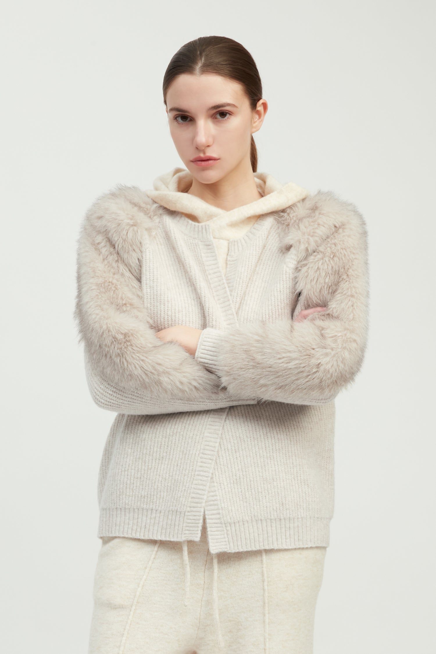 Fur Sleeves Waffle Cardigan