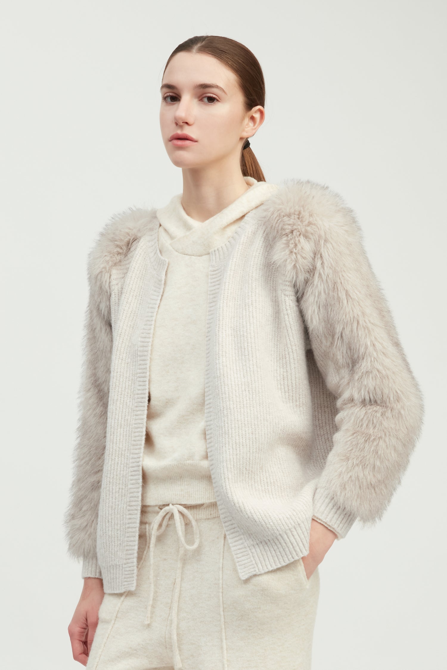 Fur Sleeves Waffle Cardigan