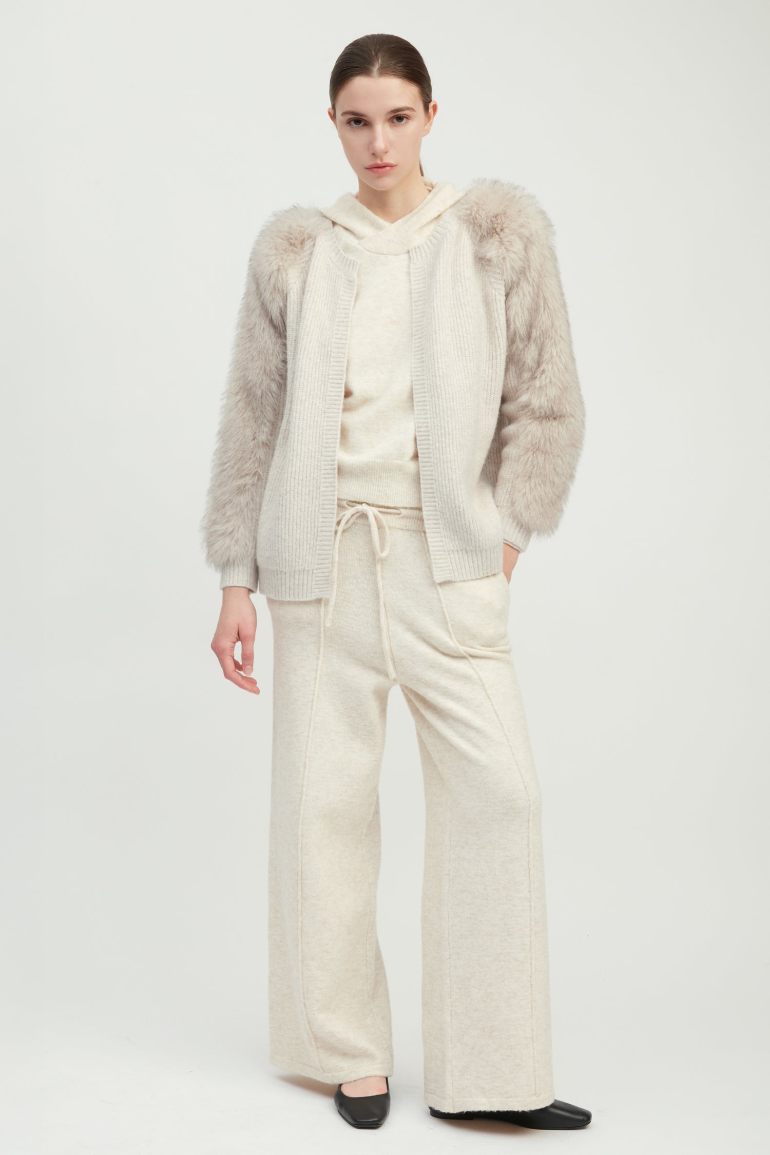 Fur Sleeves Waffle Cardigan