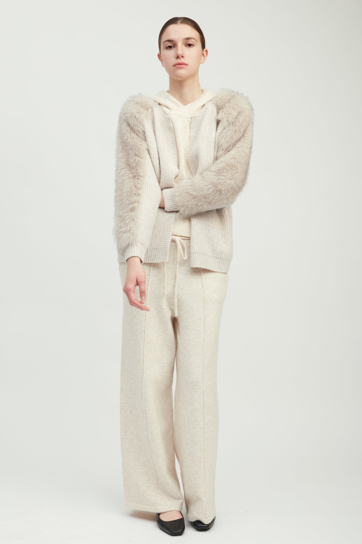 Fur Sleeves Waffle Cardigan
