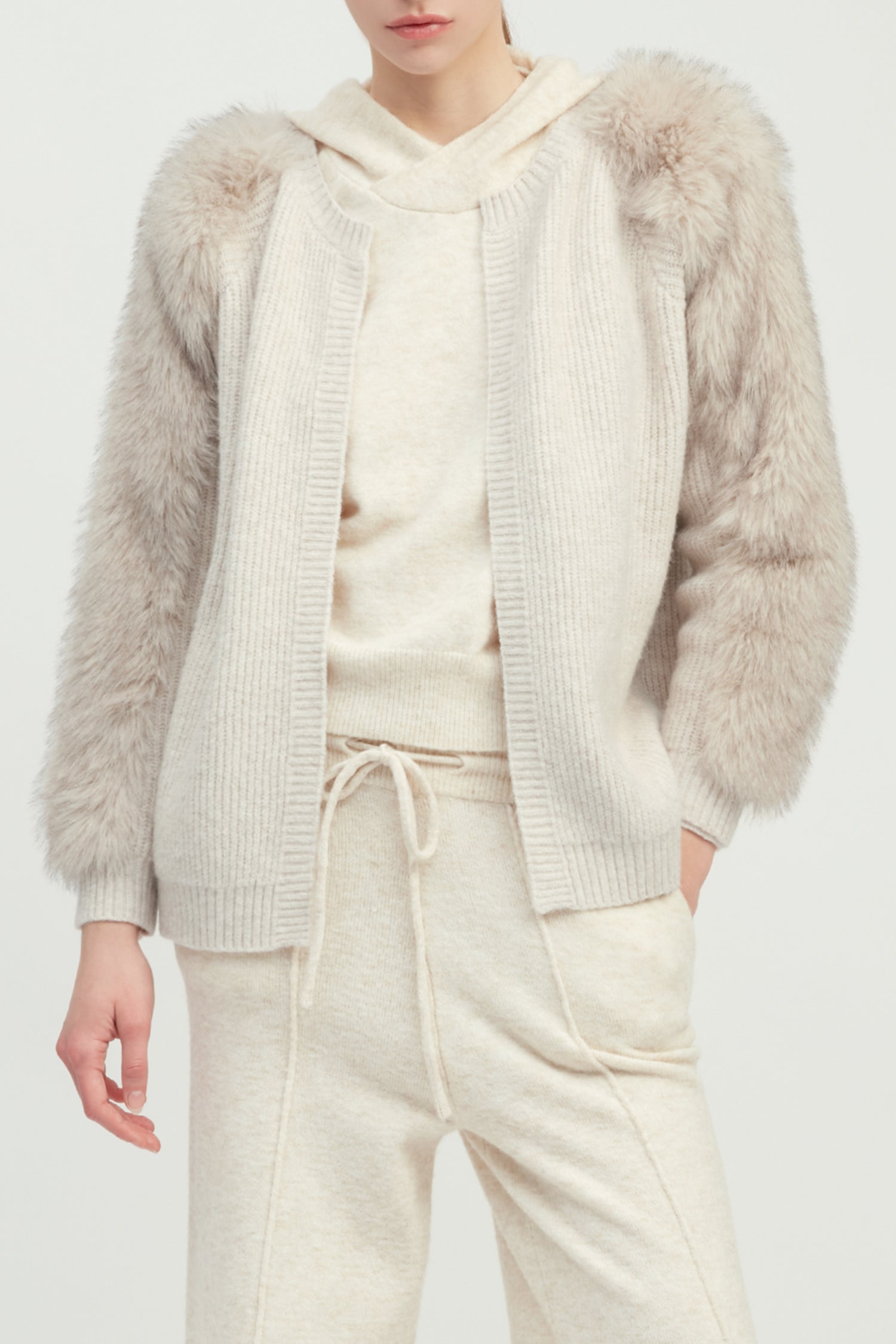 Fur Sleeves Waffle Cardigan