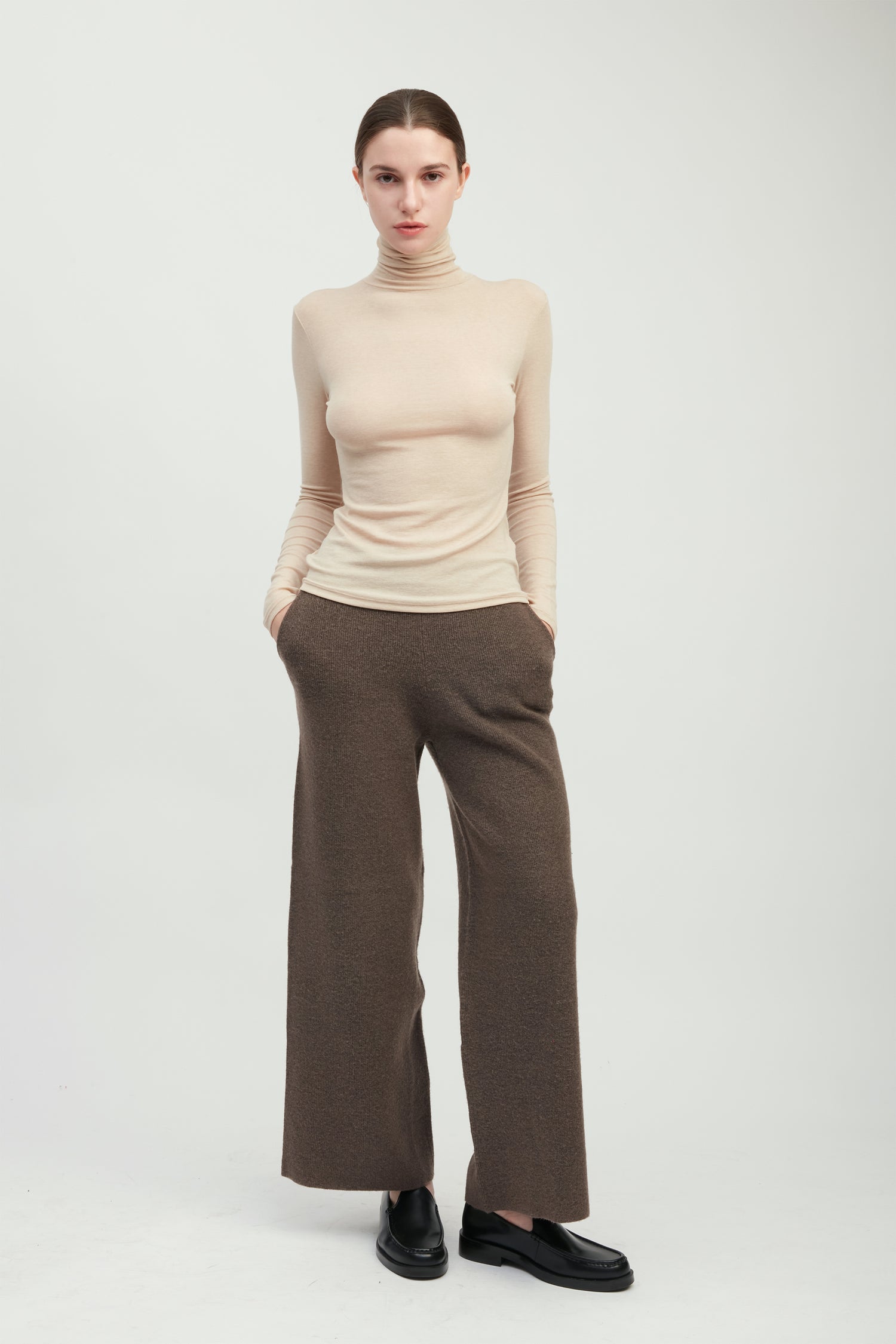 Beige stretch high neck top with smooth second-skin fit for layering – Common Knit