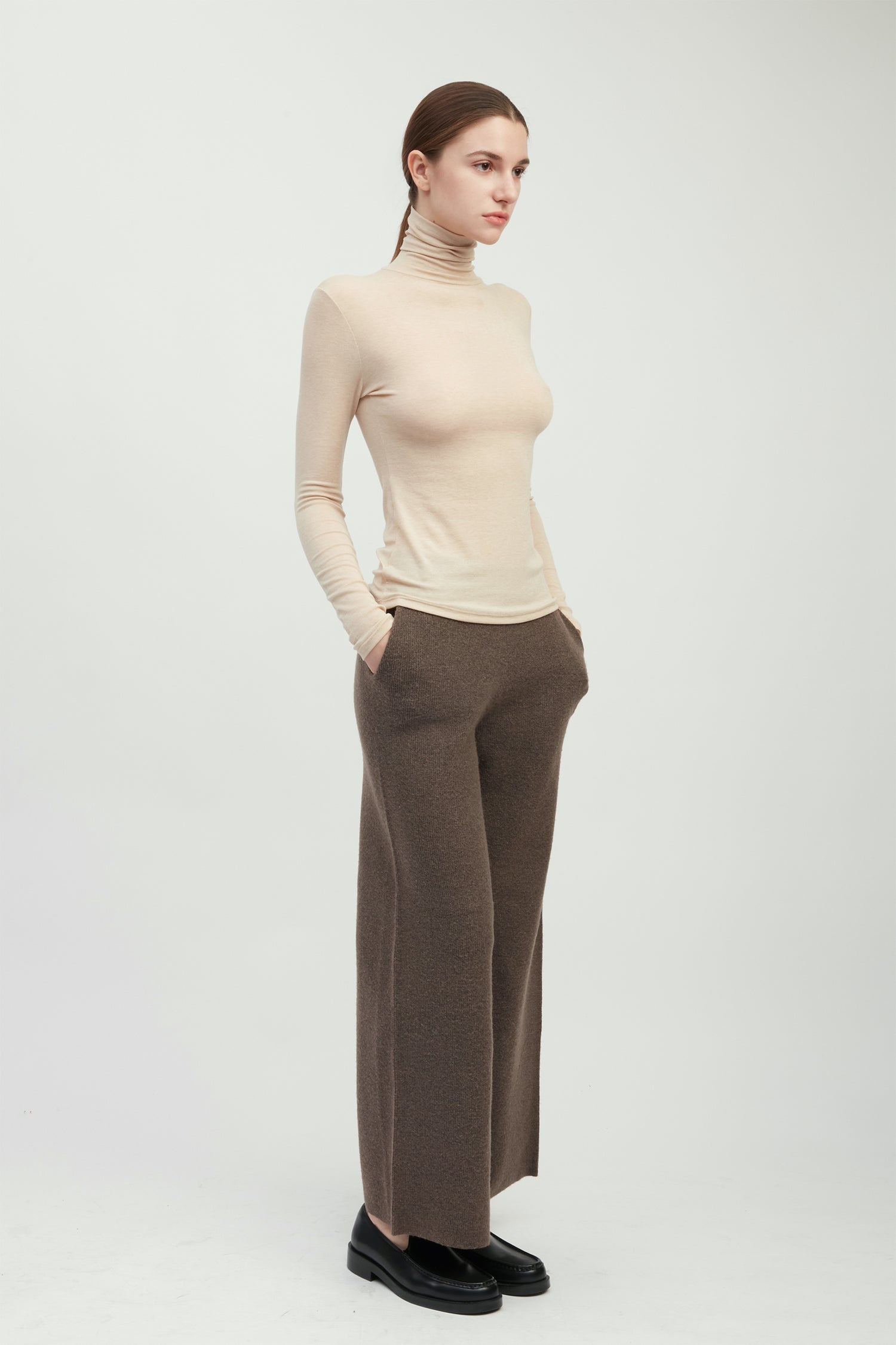 Beige stretch high neck top with smooth second-skin fit for layering – Common Knit