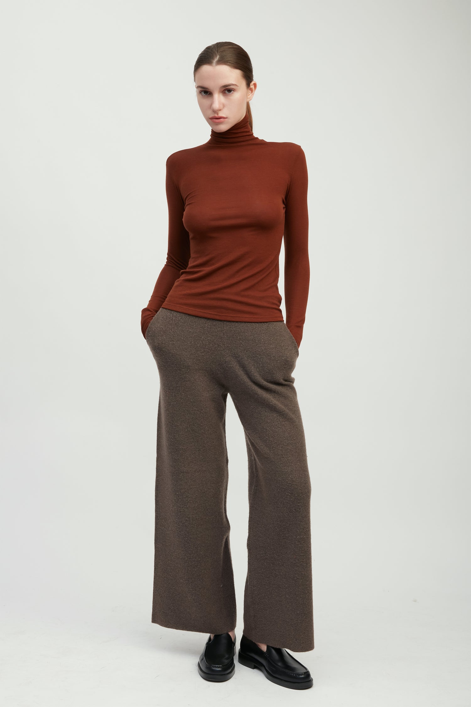 Brown stretch high neck top with smooth second-skin fit for layering – Common Knit
