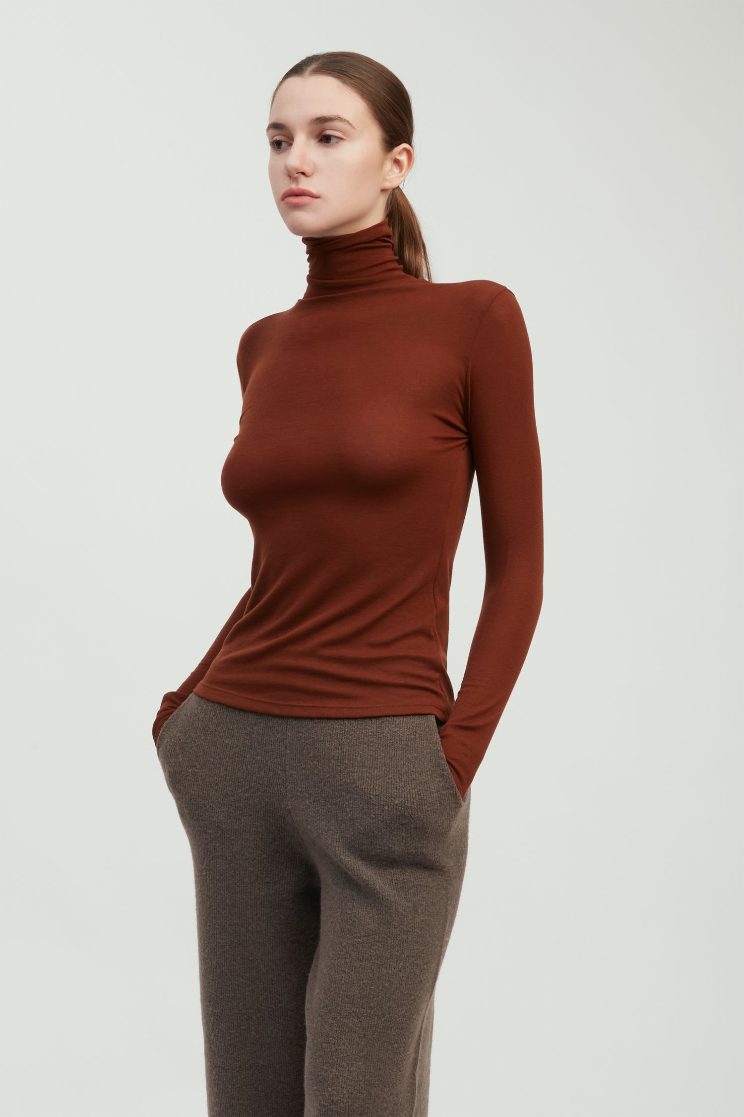 Brown stretch high neck top with smooth second-skin fit for layering – Common Knit