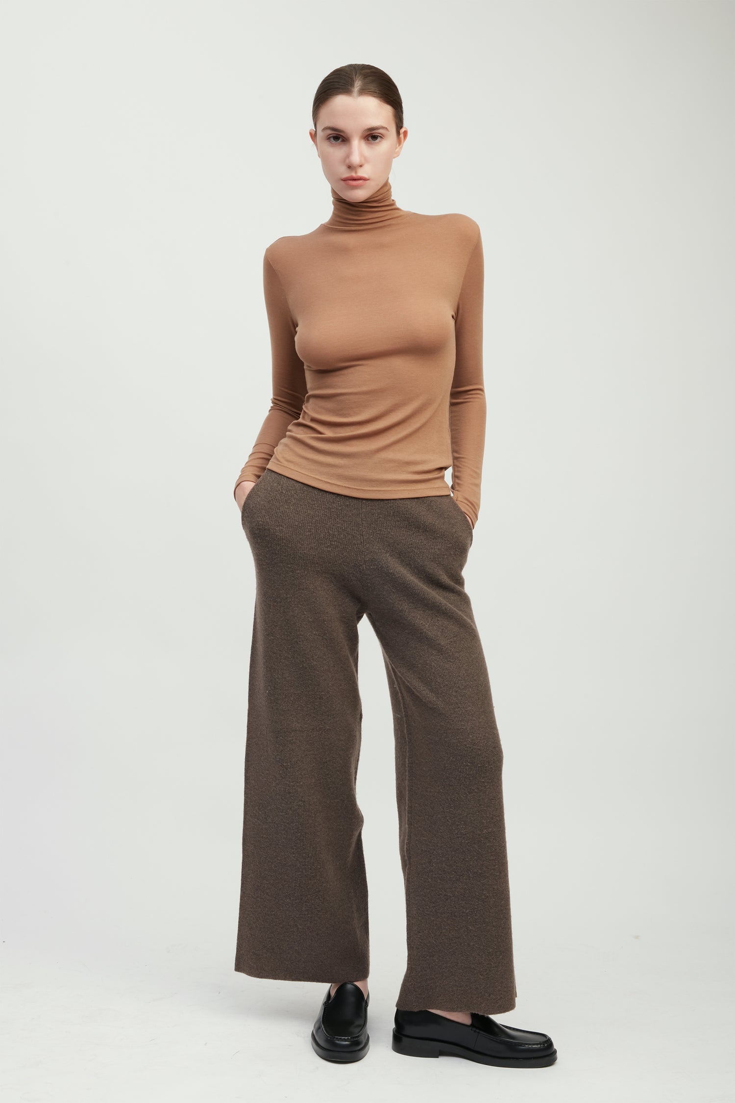 Camel stretch high neck top with smooth second-skin fit for layering – Common Knit