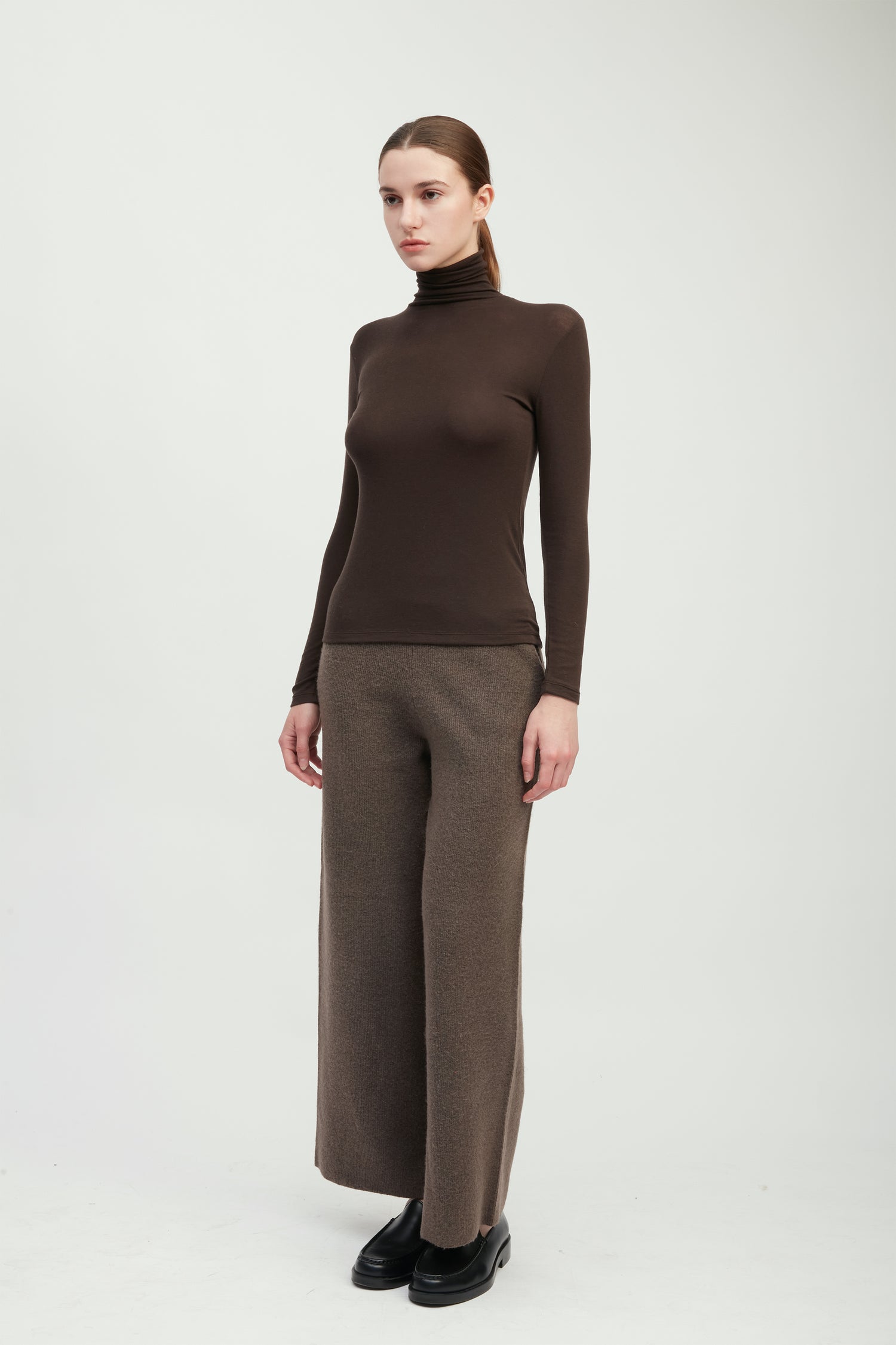 Mocha stretch high neck top with smooth second-skin fit for layering – Common Knit