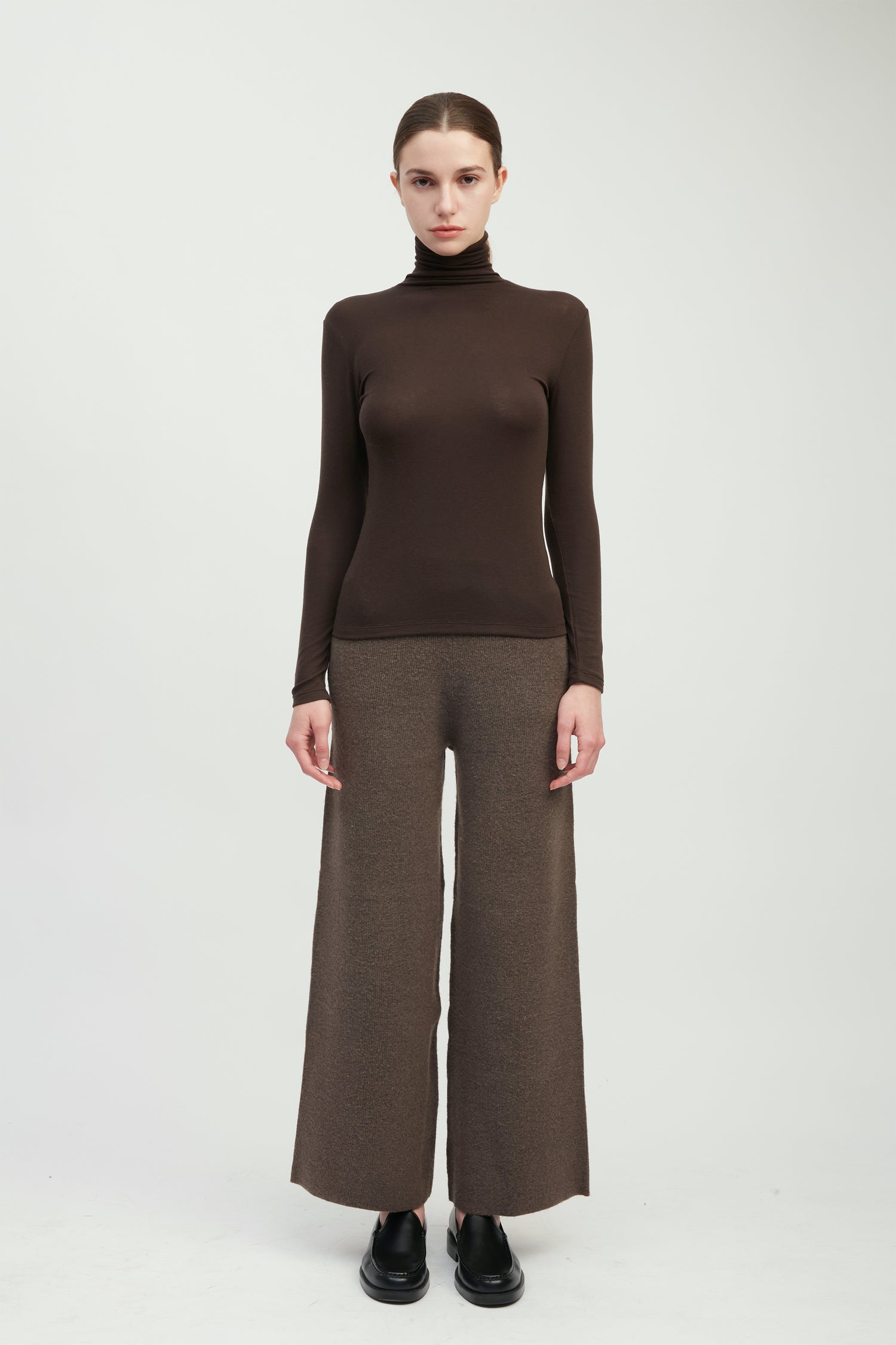 Mocha stretch high neck top with smooth second-skin fit for layering – Common Knit