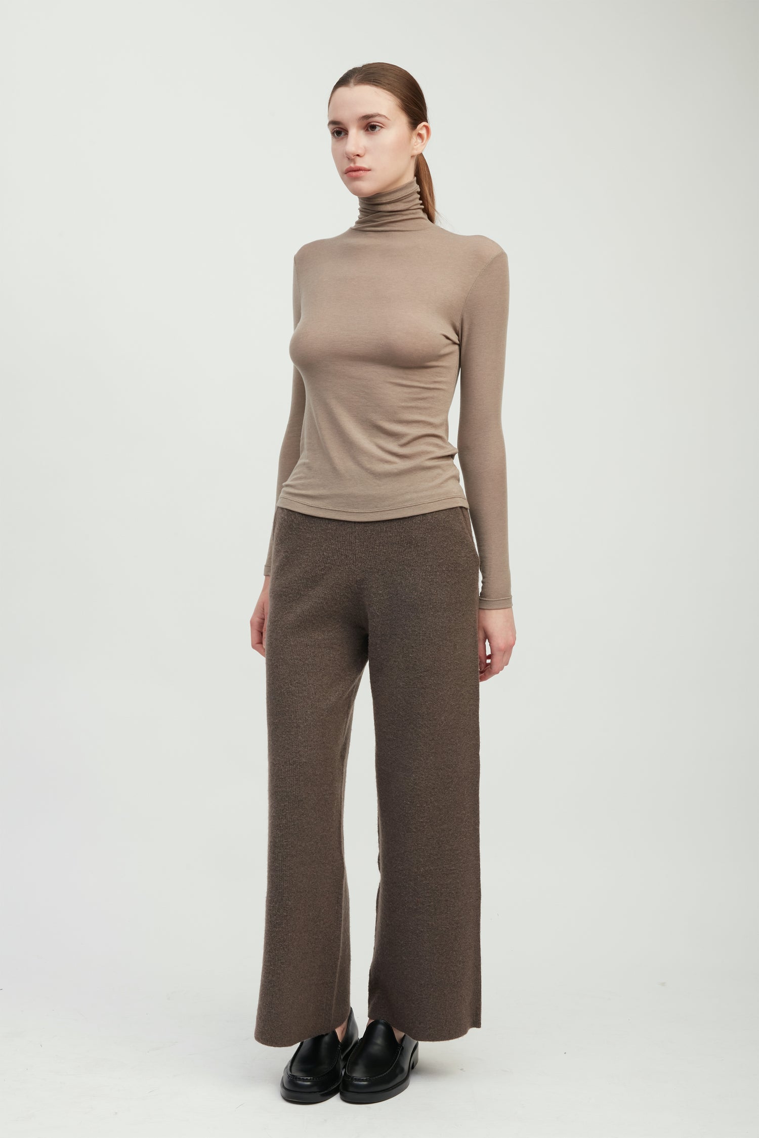 Taupe stretch high neck top with smooth second-skin fit for layering – Common Knit