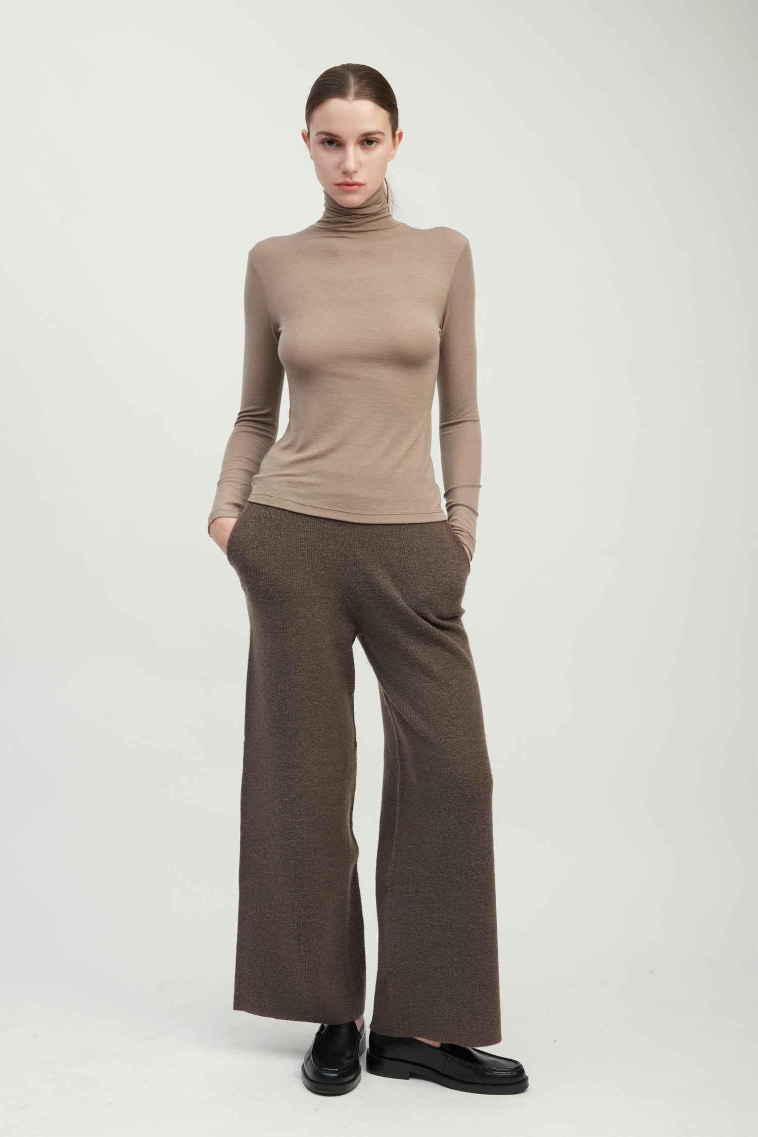 Taupe stretch high neck top with smooth second-skin fit for layering – Common Knit