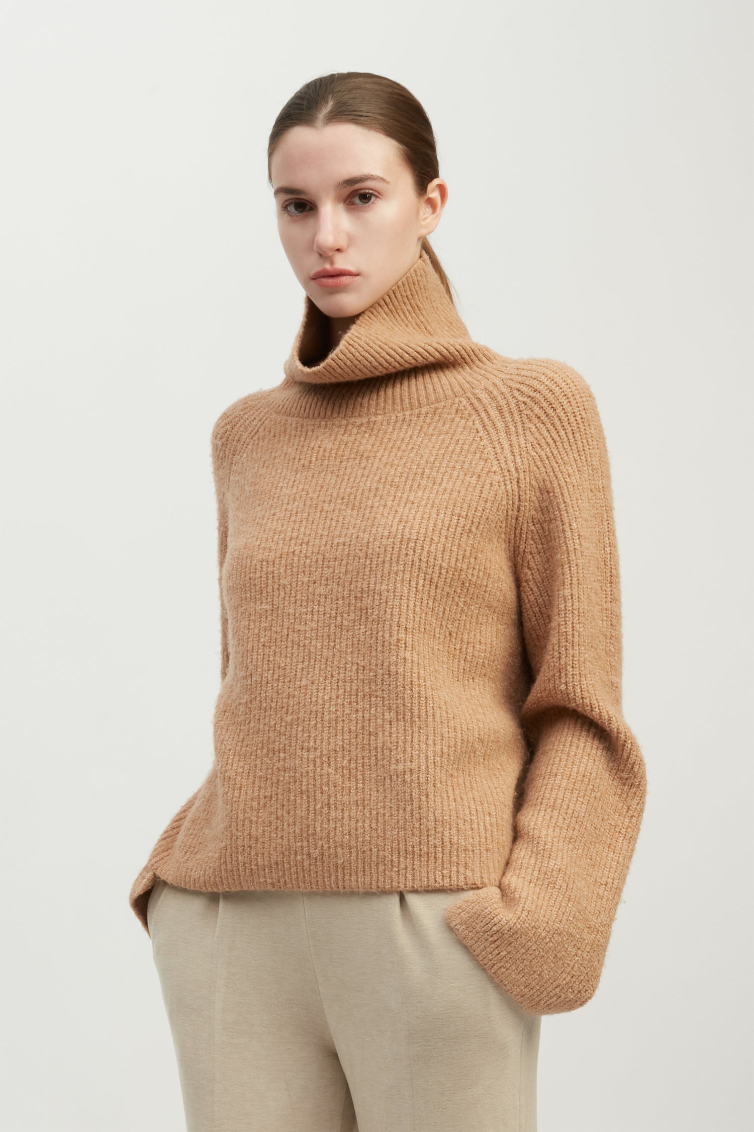 Funnel Neck Rib Knit Pullover