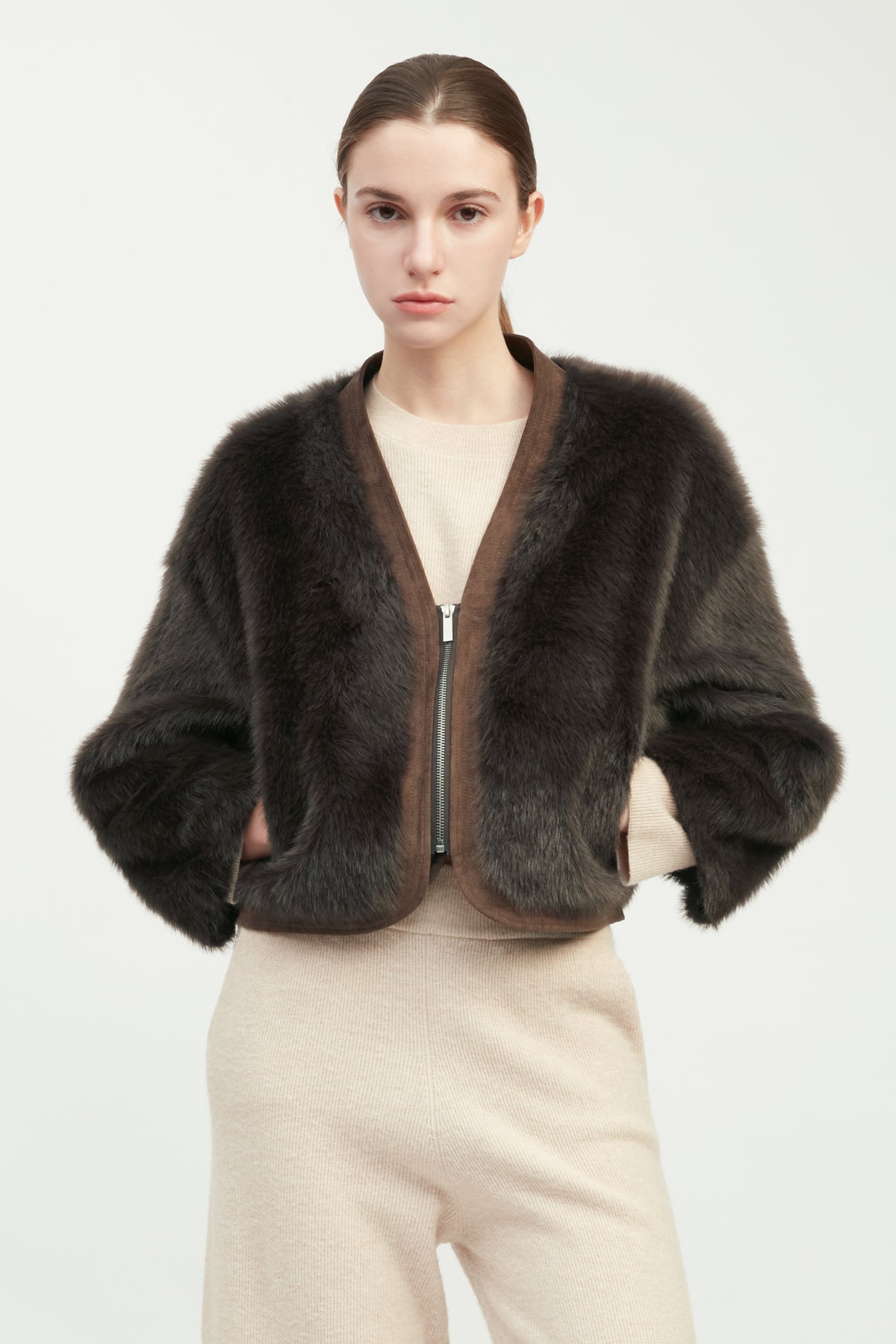 Suede Piped Faux Fur Jacket
