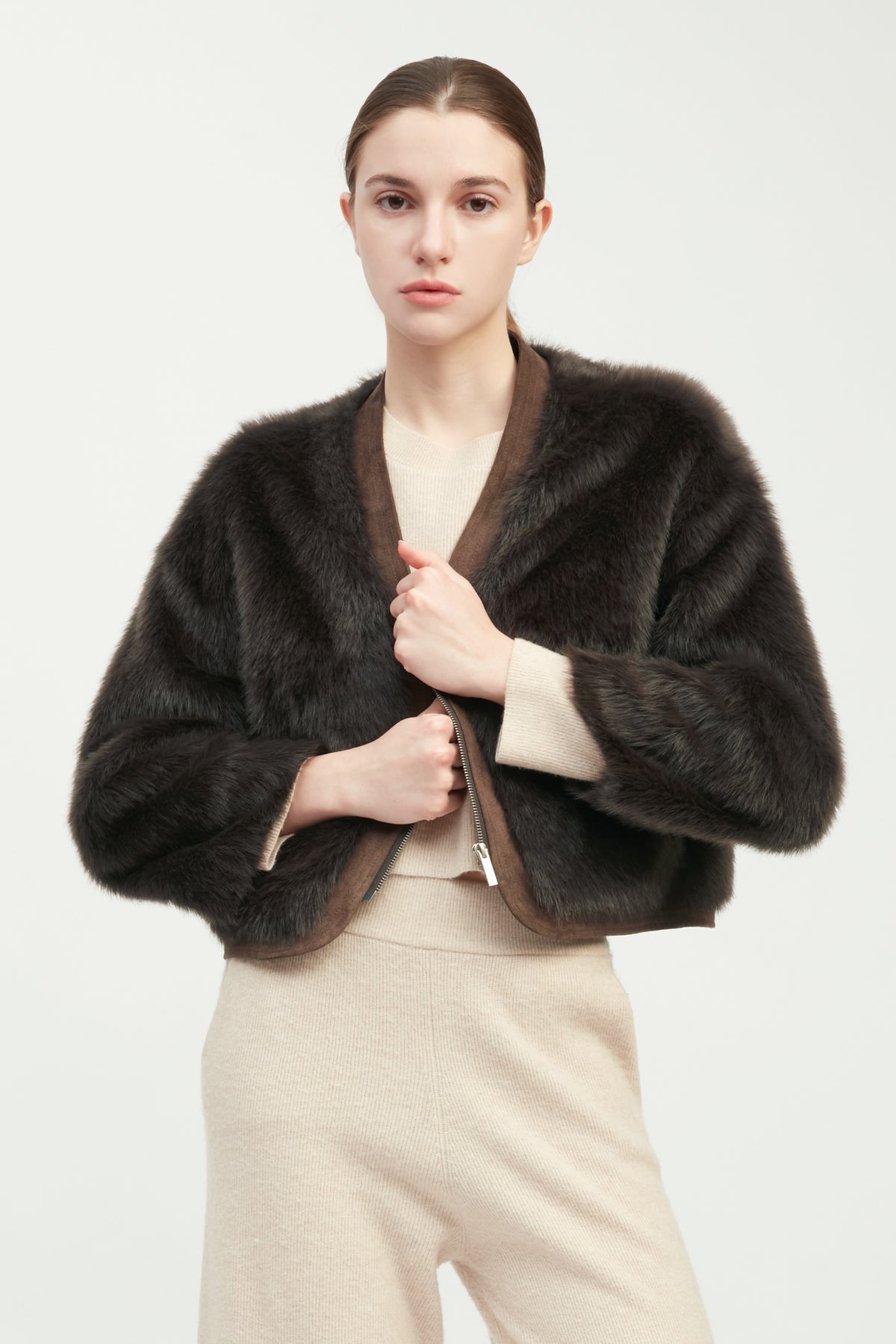 Suede Piped Faux Fur Jacket