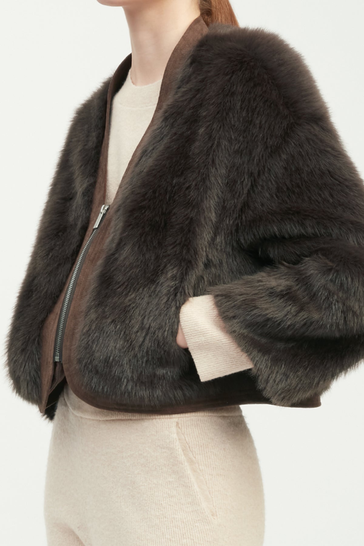 Suede Piped Faux Fur Jacket