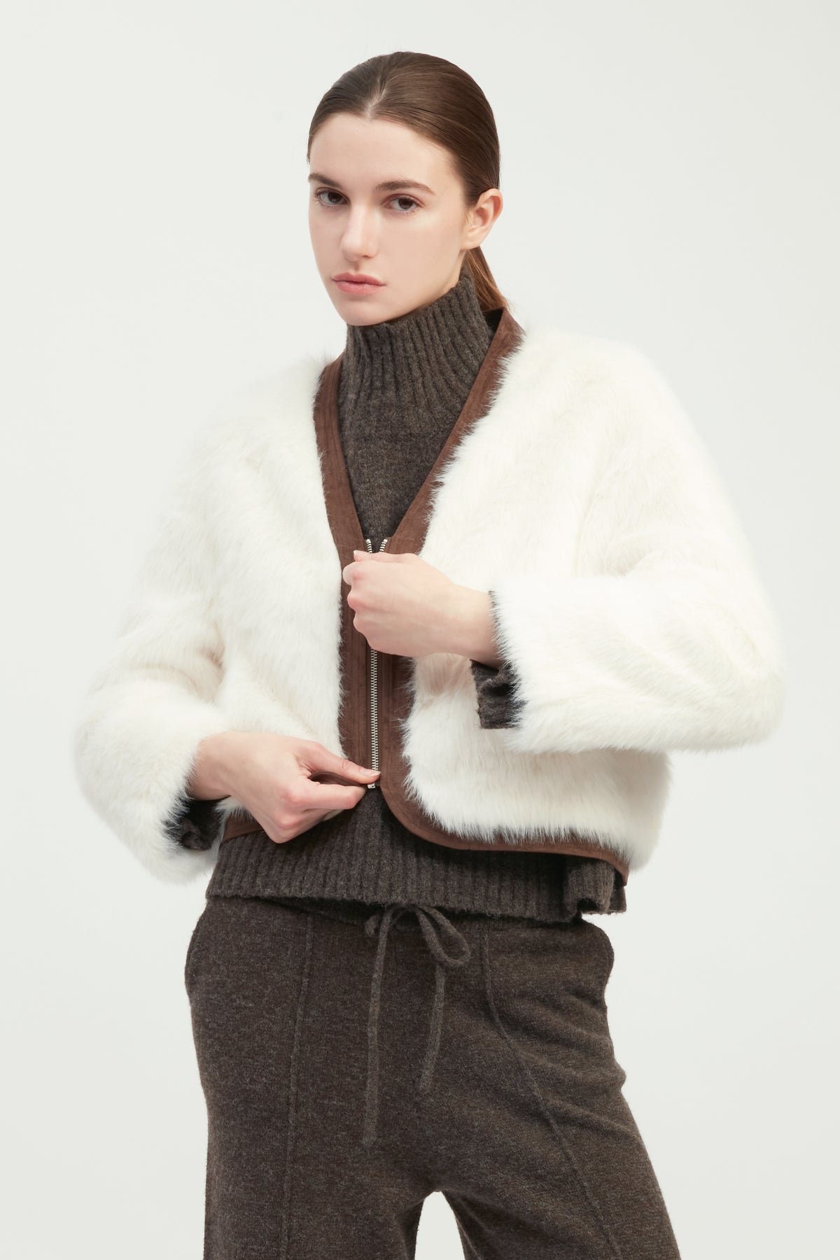 Suede Piped Faux Fur Jacket